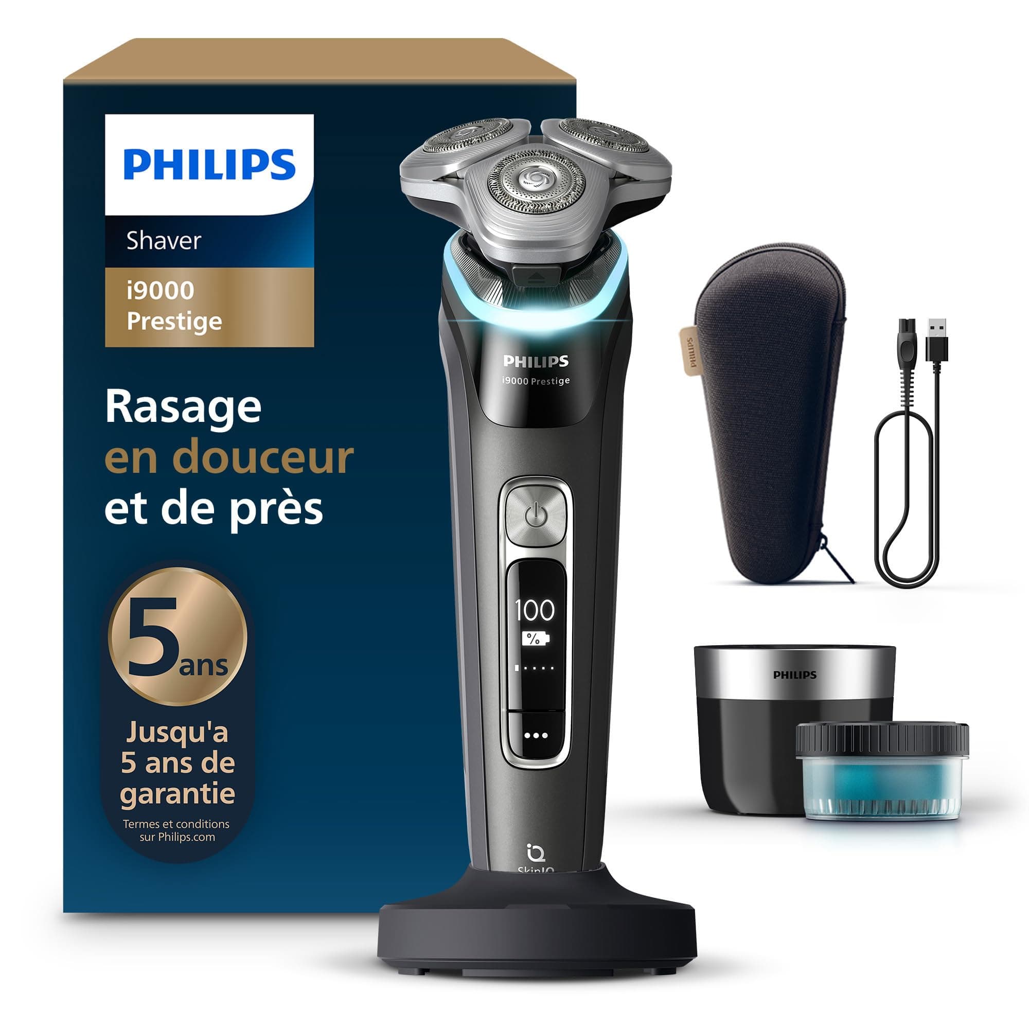 Philips Rasoir i9000 Prestige, Rasoir électrique sec et humide, Avec technologie Skin IQ, Système Triple Lift & Cut, Lames Dual SteelPrecision rotatives à 360°, Pod à nettoyage rapide, XP9207/30
