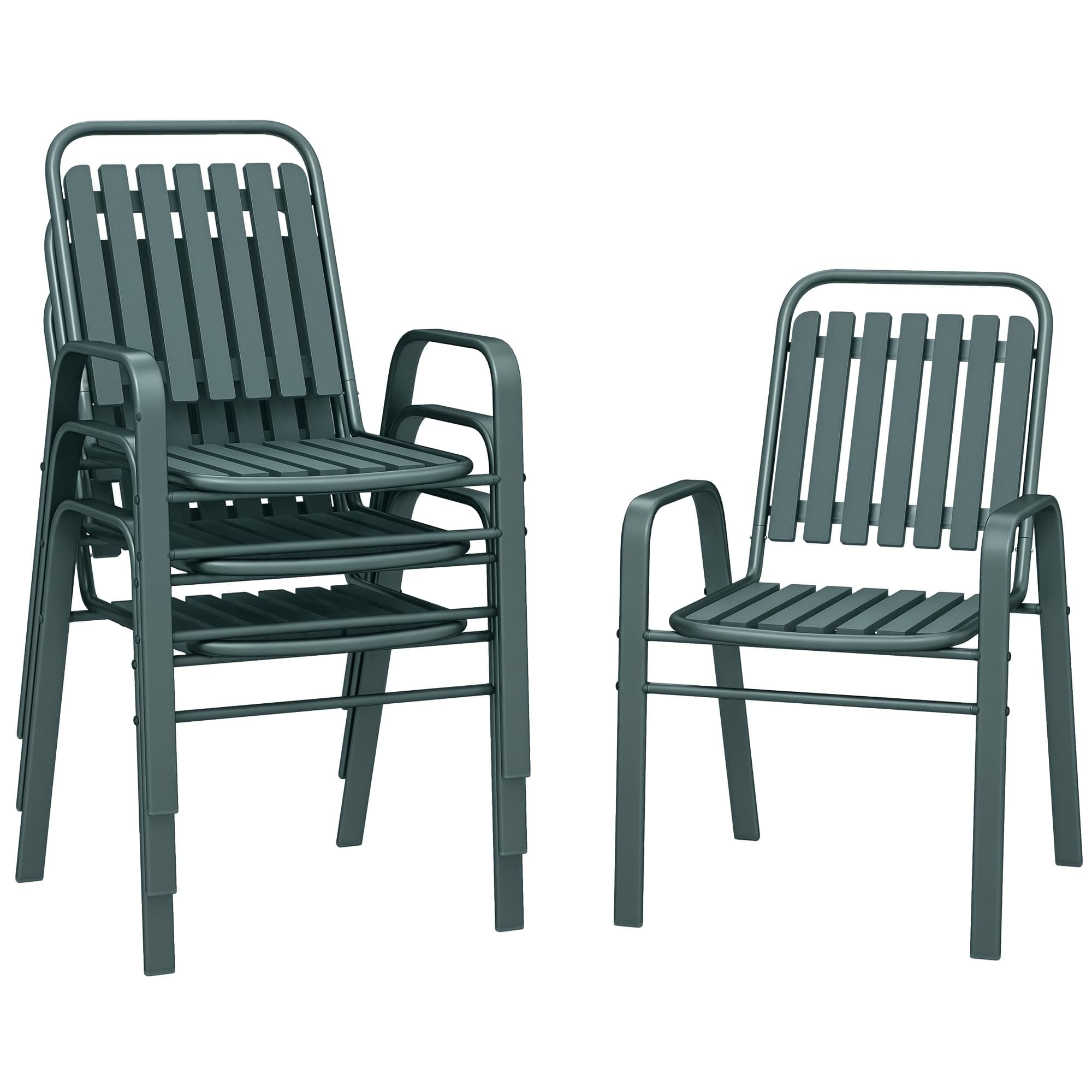 Outsunny Lot de 4 chaises de Jardin chaises empilables d'extérieur avec Haut Dossier et accoudoirs, Cadre en Acier pour Jardin, Piscine, terrasse, Gris