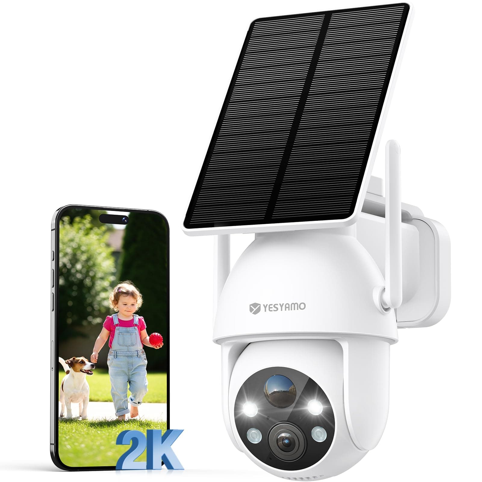YESYAMO 2K Camera Surveillance WiFi Exterieure sans Fil Solaire, 2.4GHz Camera Exterieur Solaire avec Panneau Solaire, 360° PTZ, Vision Nocturne Couleur, Audio Bidirectionnel, PIR Sirène(Blanc)