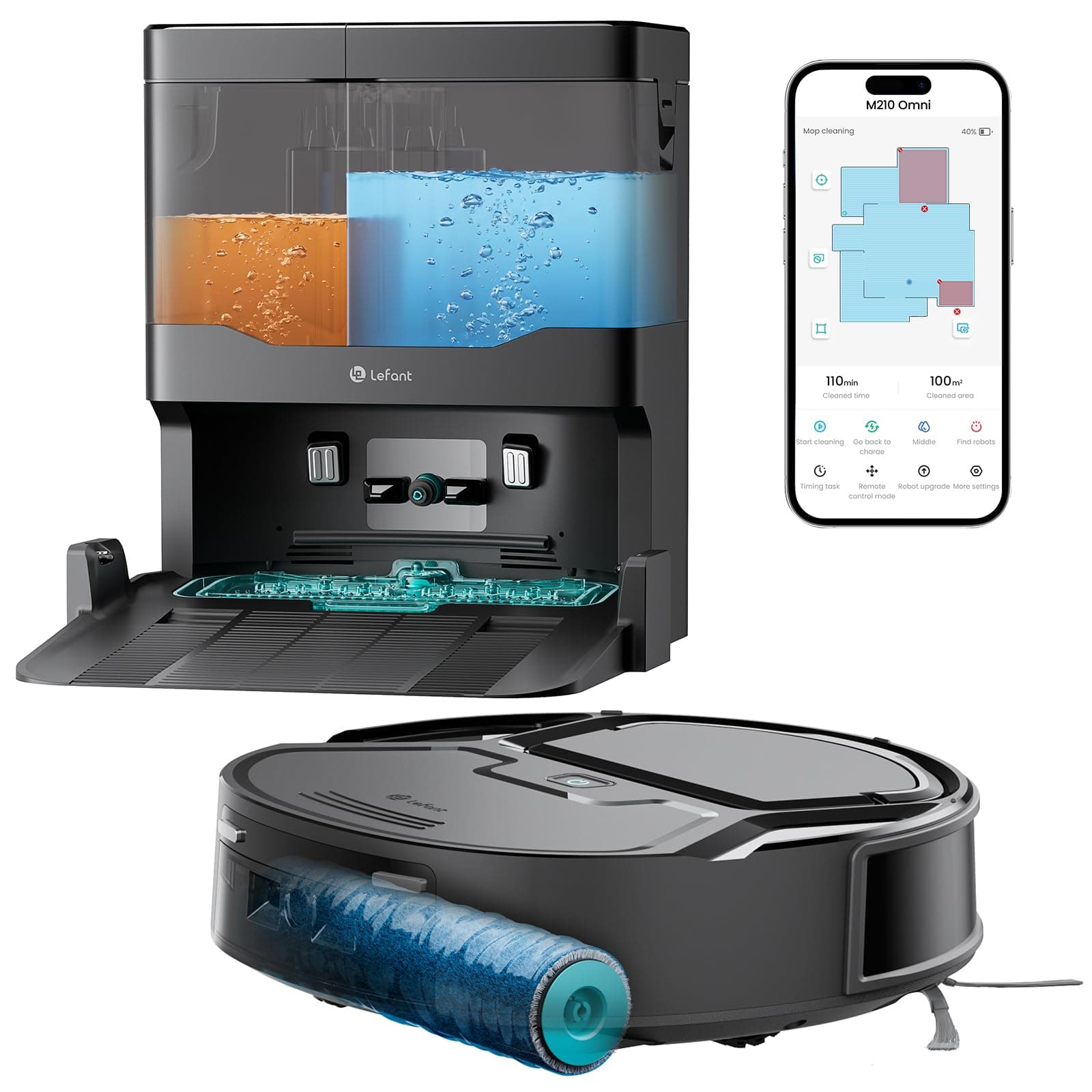 Lefant M210 Omni Robot Aspirapolvere Lavapavimenti Rullo 20.000Pa | Anti Groviglio, Aspirapolvere Robot con Lavaggio ad Acqua Pulita, Contenitore 800ml, 85mm, 2.4G WiFi, Mappatura ToF,Grigio