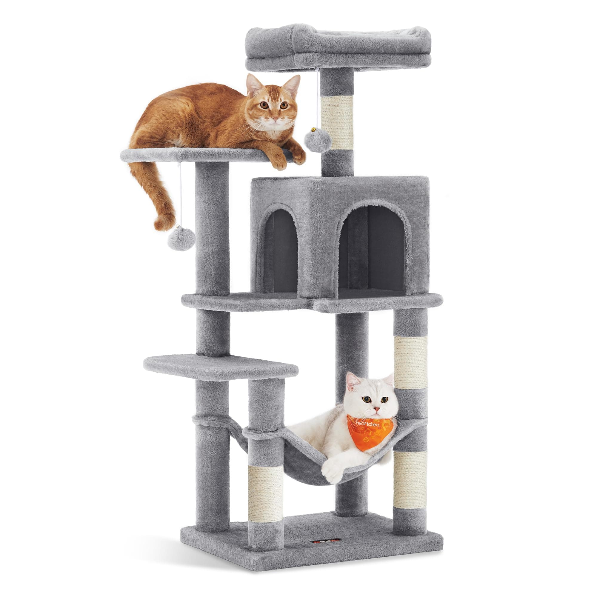 Feandrea Árbol para Gatos, Altura 112 cm, Torre de Gatos, con 4 Postes Rascadores, 2 Plataformas, 1 Cueva, 1 Hamaca, 2 Pompones, Tela de Felpa, Multinivel, Gris Claro PCT261W01