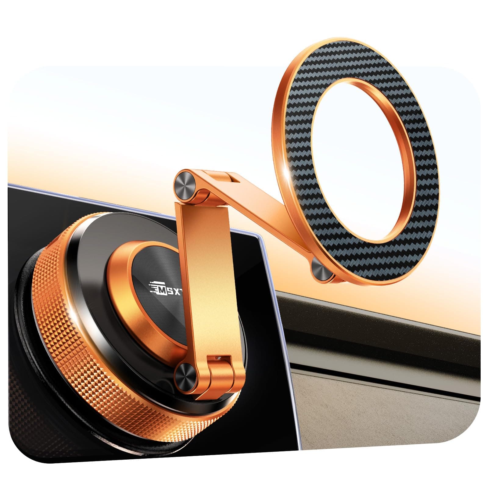 MSXTTLY Porta Cellulare Auto–Vmag S3 Supporto Magnetico a Vuoto con Magneti Potenti e Braccio Doppio in Lega,Compatibile con iPhone 17 Pro Max,iPhone 16 Pro Max–12 e Android(Anello Magnetico)Arancione