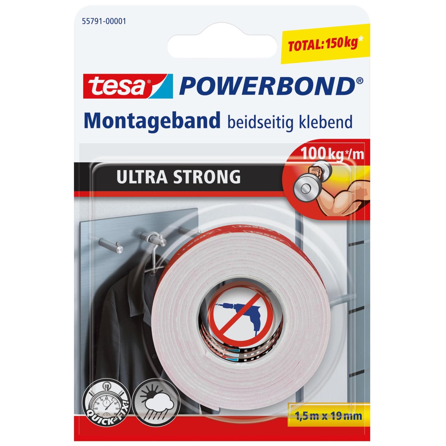 tesa Powerbond ultra strong Montageband - doppelseitiges, extra starkes Klebeband zur permanenten Befestigung im Außen- und Innenbereich - 1,5 m