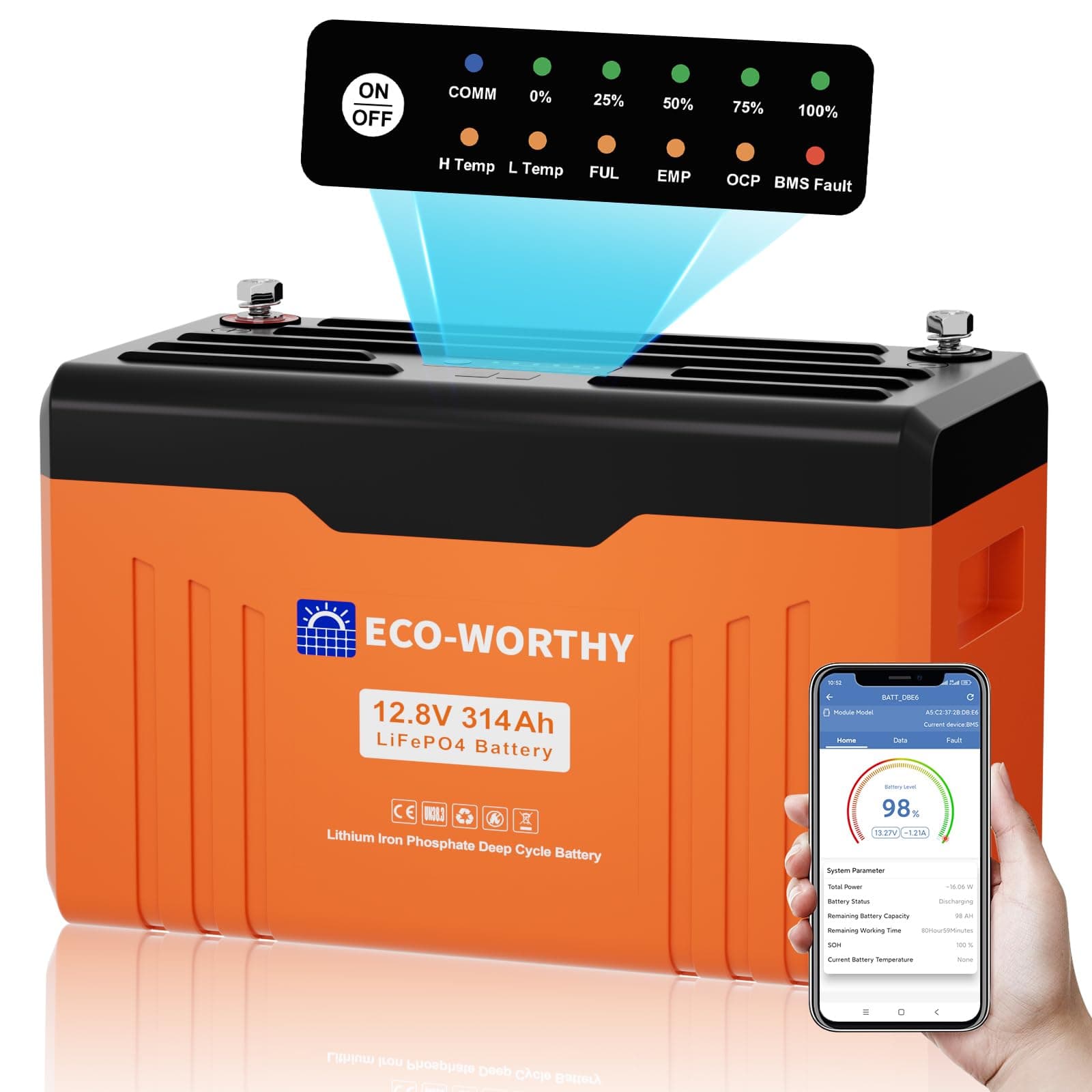 ECO-WORTHY Batterie Lithium 12V 314Ah EnergyTrek LiFePO4 Bluetooth avec écran, lifepo4 avec 200A BMS Protection Basse température et Max. 15000 Cycles, 4019Wh 12V pour Camping-Car,Panneau Solaire
