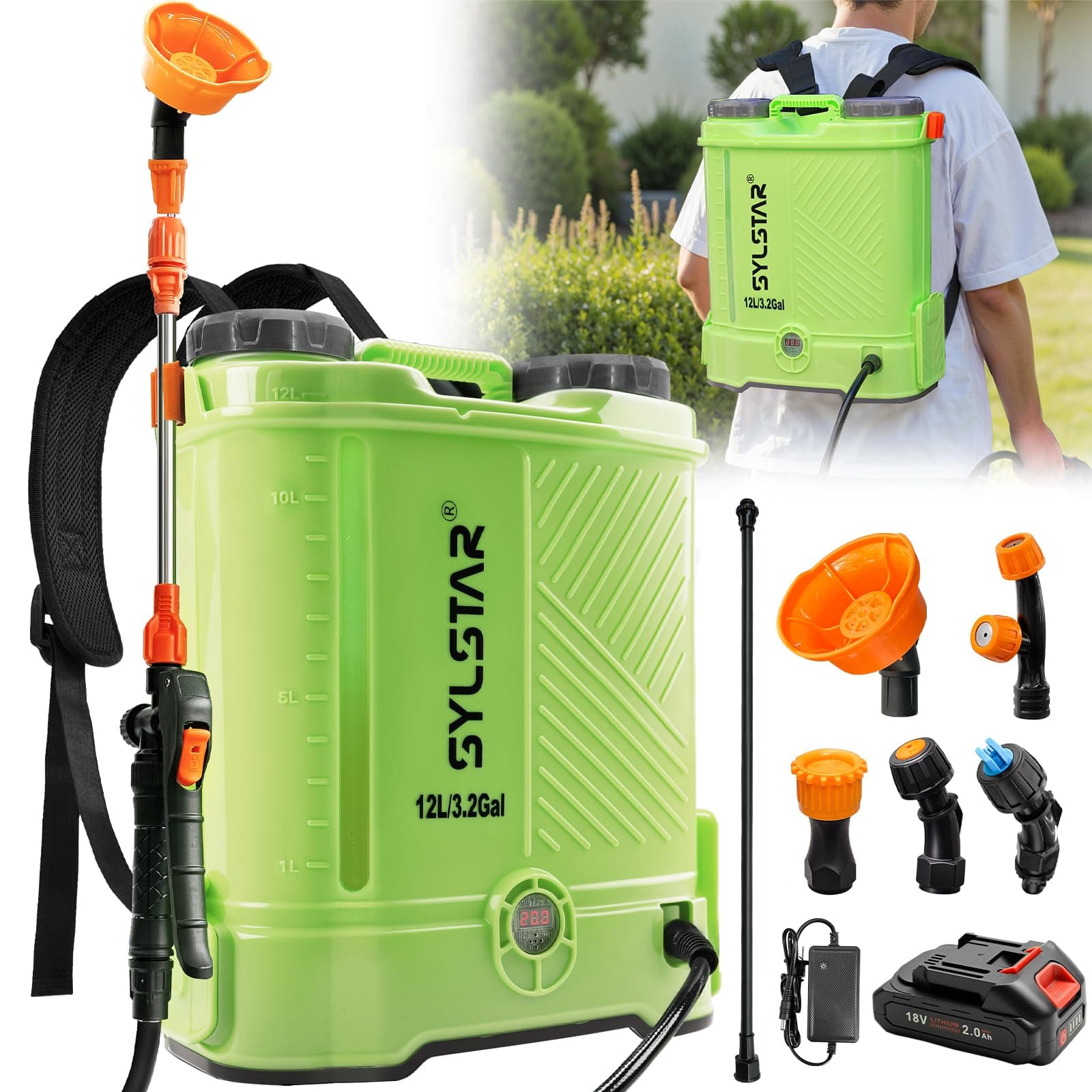 SYLSTAR Pulverisateur Electrique 12L, 5,5 Bar Pulvérisateur de Jardin Compatible avec Makita 18V Batteries, 5 Buses Pulvérisateur à Dos, Vitesse Réglable pour Pelouse Cour(Chargeur Inclus)