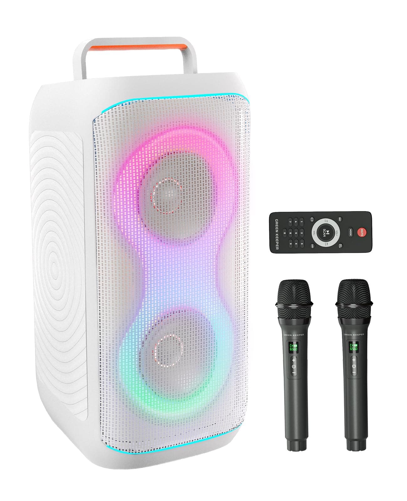 GKD61 Máquina Karaoke Adultos 2 Micrófonos UHF Inalámbricos, Sistema de 400W Pico, Subwoofers Duales de 6,5", Altavoz Bluetooth Portátil para Fiestas, Mando, Control de Graves y Agudos para Exterior