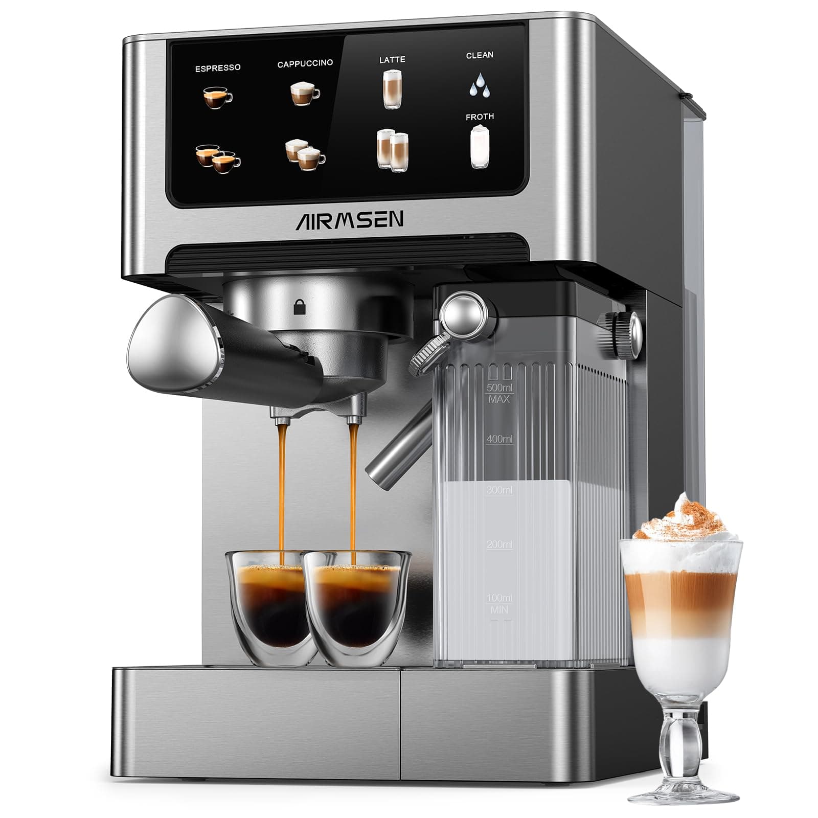 Macchina per Espresso 20 Bar per Casa con Frotheria Automatica, Cappuccino & Latte Caffè Macchina, Doppio Boiler Quick Estrazione (1350W+1000W), Acciaio Inox, Serbatoio d'Acqua 1.8L, Touchscreen