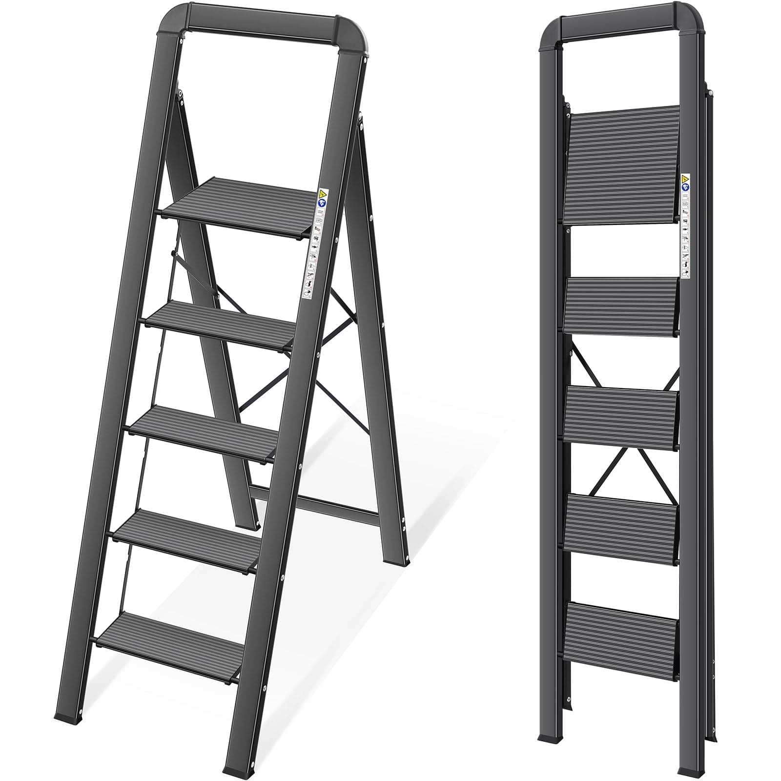 KINGRACK Scala 5 Gradini in Alluminio, Leggera con Corrimano, Blocco di Sicurezza, Pedali Antiscivolo, Scala Pieghevole per Cucina Garage Casa, Salvaspazio, Robusta e Portatile, Massima 150kg, Nero