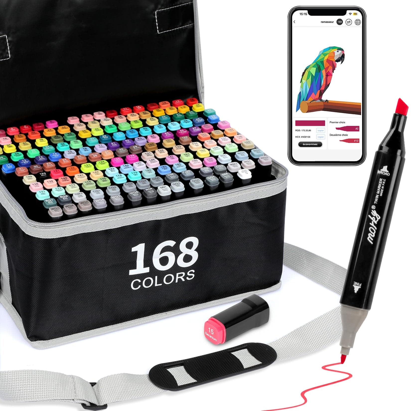 AEDAGA 168+2 Couleurs Feutre a Alcool avec App Gratuite, Marqueur Double Pointe (Biseautée + Fine), Feutre Alcool pour Artistes, Twinmarkers pour Peinture, Coloriage, Esquisse, Dessin