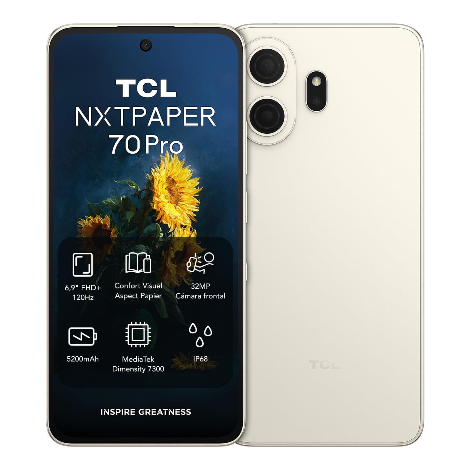 TCL NXTPAPER 70 Pro Smartphone 5G - Dorado | Pantalla 6,9" FHD+ 120Hz NXTPAPER 4.0 | CPL Antirreflectante | Protección Ocular | Cámara 50 MP OIS | 8 GB + 512 GB | Dimensity 7300 | MuseFilm