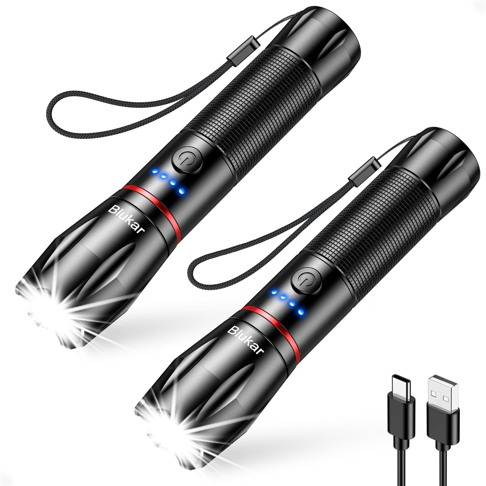Blukar Lampe Torche LED Rechargeable, 2 Pièces 2000LM Lampe de Poche LED Ultra Puissante en Aluminium, IPX6 Étanche, 5 Modes d'éclairage & Zoomable, Longue Durée pour Camping/Randonnée/Urgence