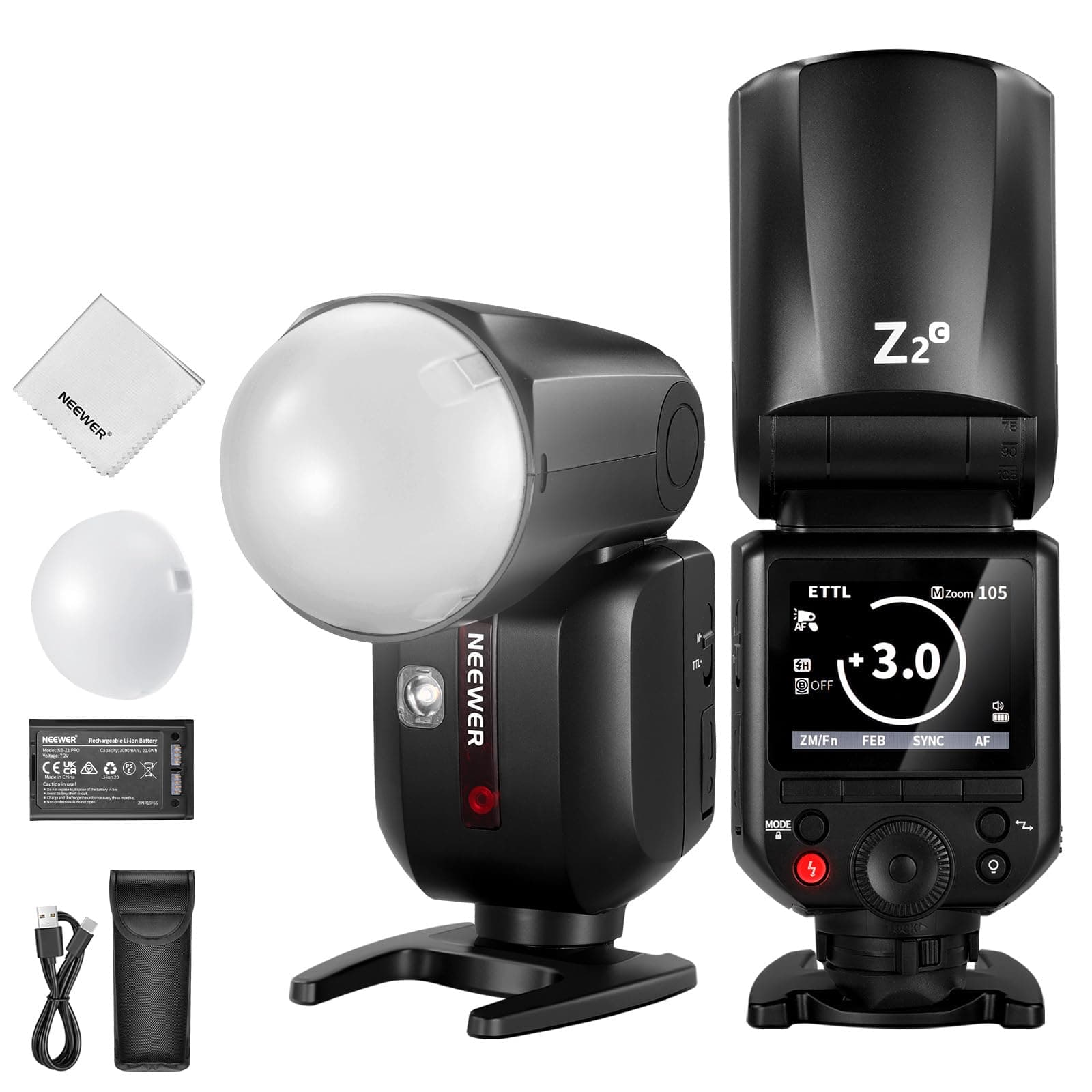 NEEWER Z2-C 2.4G TTL Flash Speedlite Cabeza Redonda Compatible con Canon, 600 Flashes a Máx Potencia, 3000mAh, 76W 1/8000s HSS, 2 Lámparas Modelado, Difusor Luz, TTL/M Toggle Key para 2.4G Sistema Q