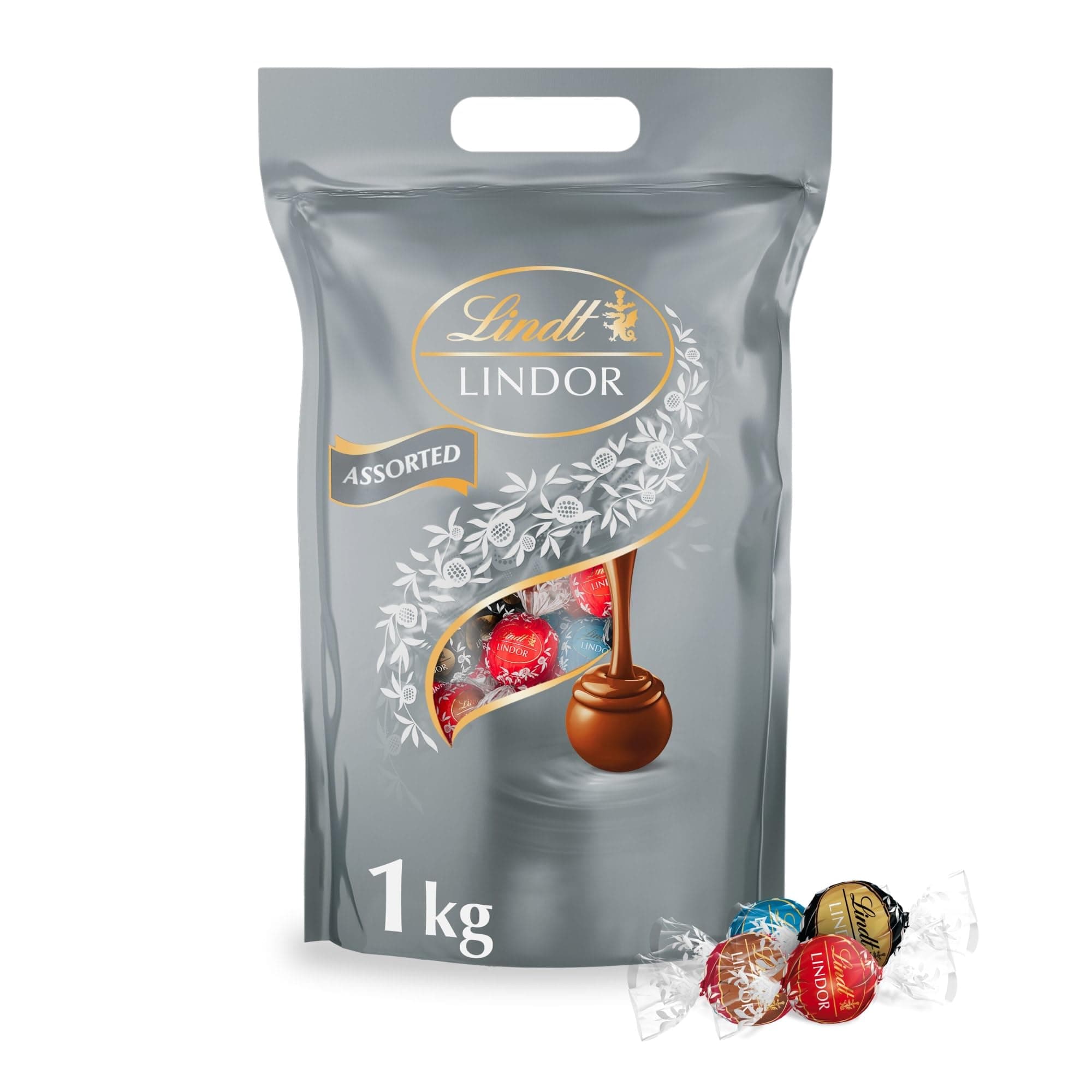 Lindt Schokolade | LINDOR Beutel Silber Mischung | 1 kg Beutel | 80 Kugeln mit zartschmelzender Füllung in den Sorten Milch, 70%, Salted Caramel, Double Chocolate | Schokoladen-Geschenk zum Teilen