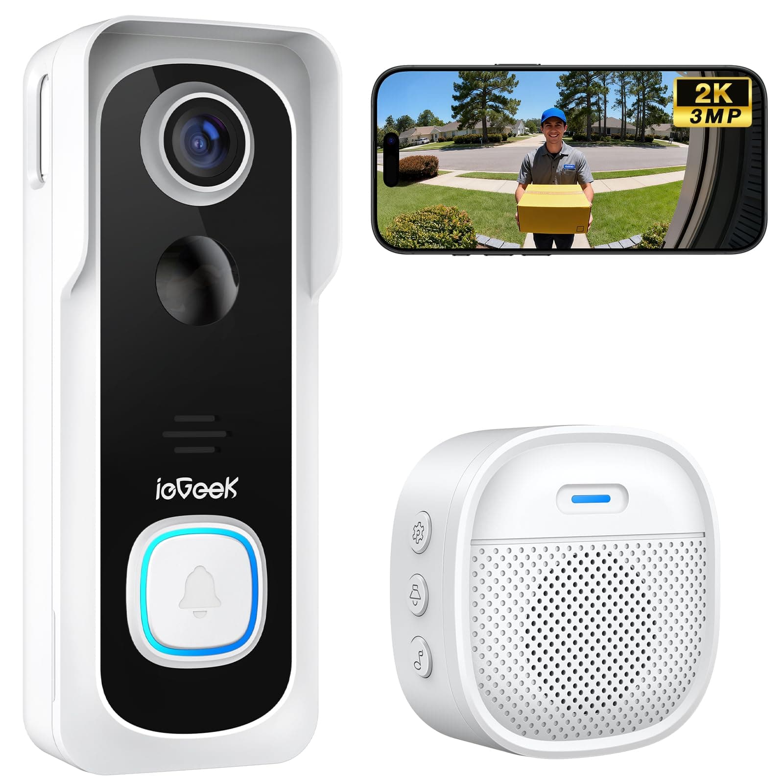 ieGeek 2K Sonnette sans Fil Exterieur Etanche, Sonnette Vidéo avec Caméra Compatible Alexa, Install Facile, Détection IA, IP66 Étanche,Vision Nocturne, Stockage Cloud, WiFi 2,4 GHz Uniquement (Blanc)