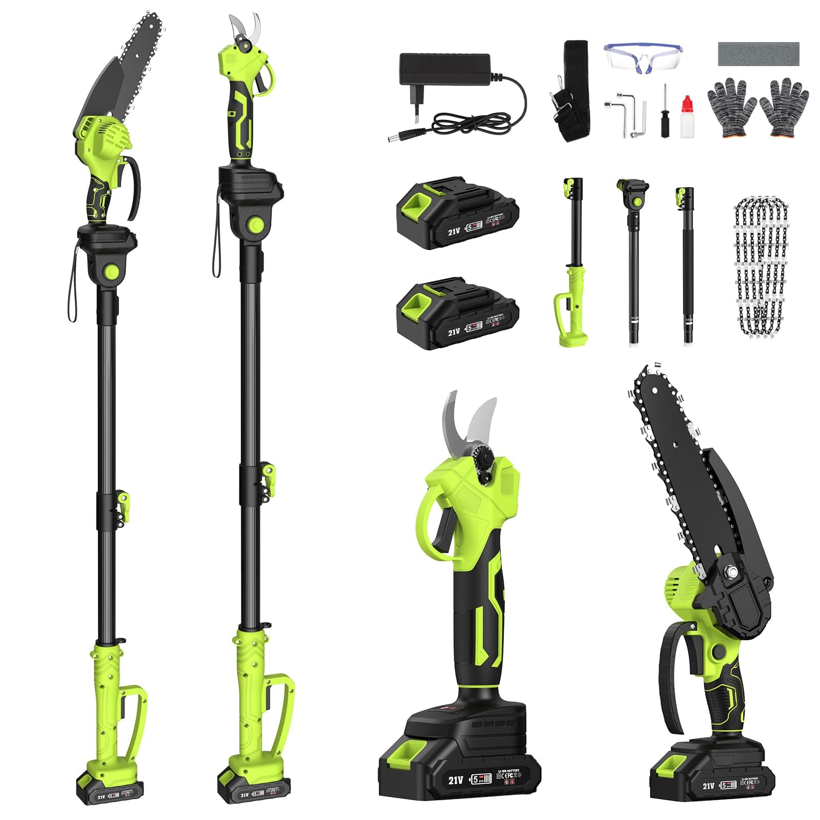 Kit de Tijeras de Podar Telescópicas y Motosierra Telescópica a Batería, 4 en 1 Podadora Electrica Herramientas de Jardín con Motorm 550 W, 2*4000 mAh Baterías, 4 Cadenas para Jardines Arbusto y Ramas
