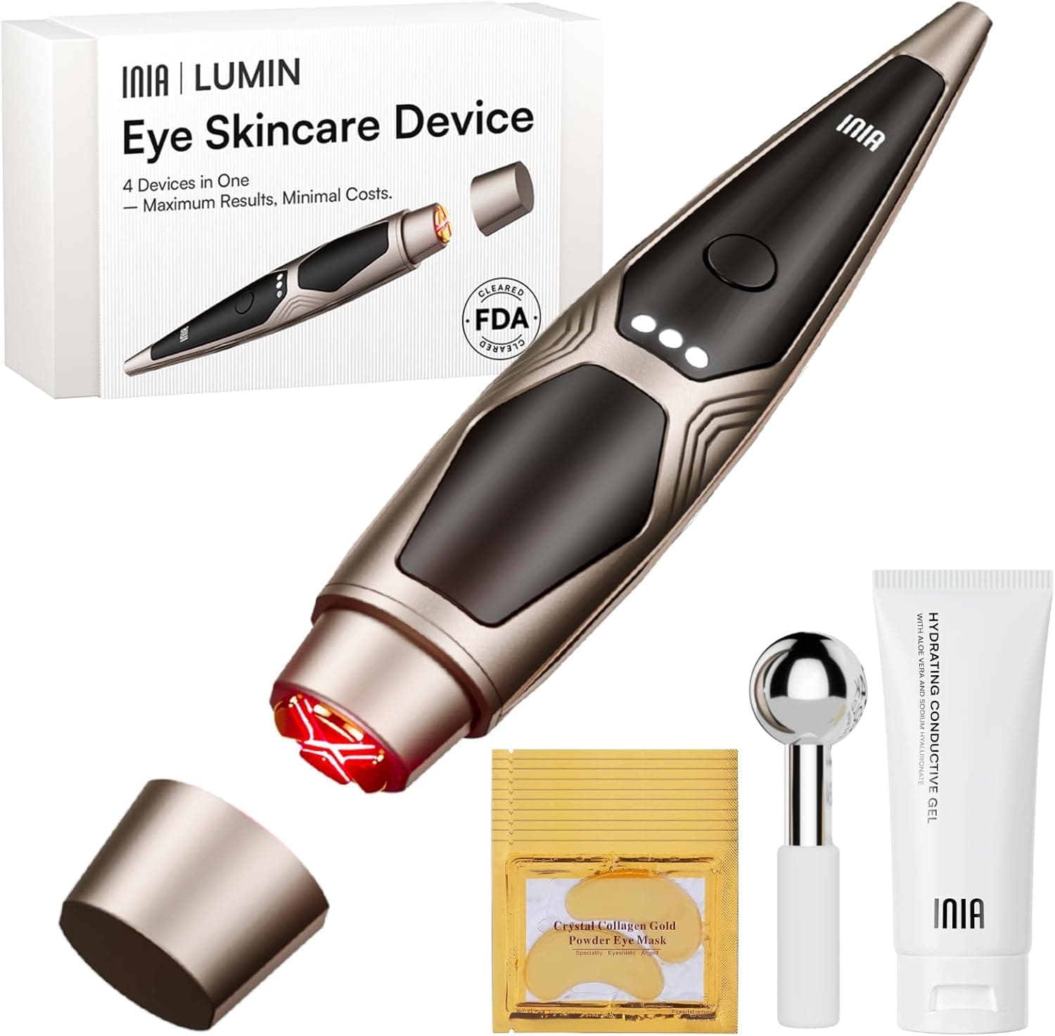 INIA Masque pour les Yeux 5-en-1 : Luminothérapie, Chaleur, Micro-courant et Vibration - Soin Anti-Âge pour Cernes, Poches et Rides - 3 Modes, Rechargeable USB, Appareil de Massage Oculaire Voyage