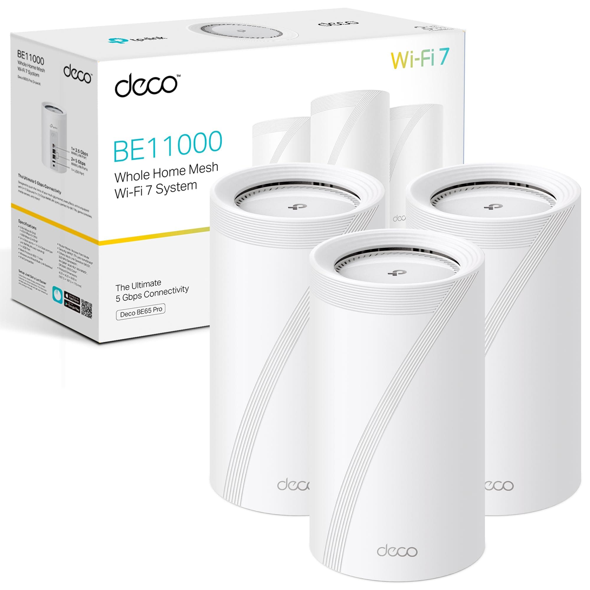 TP-Link Deco BE65 Pro (3 Pack) - Sistema Wi-Fi 7 Mesh, BE9300 Mbps, Tri-Banda, Canales de 320 MHz, Puertos de 2.5Gbps, HomeShield, MLO, Funciona con Cualquier Router, 4 Antenas Internas