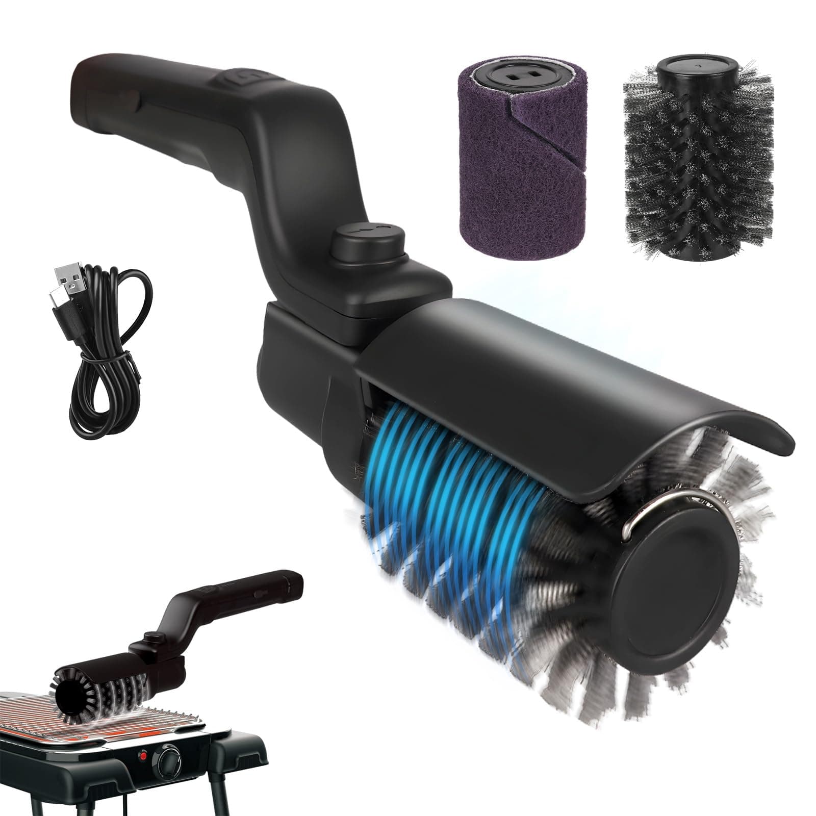 Brosse électrique pour barbecue améliorée, fonctionnant sur batterie avec angle réglable, tête de brosse en acier inoxydable, nettoyage à 3 niveaux, autonomie de 90 min, étanche pour les grilles (Noir