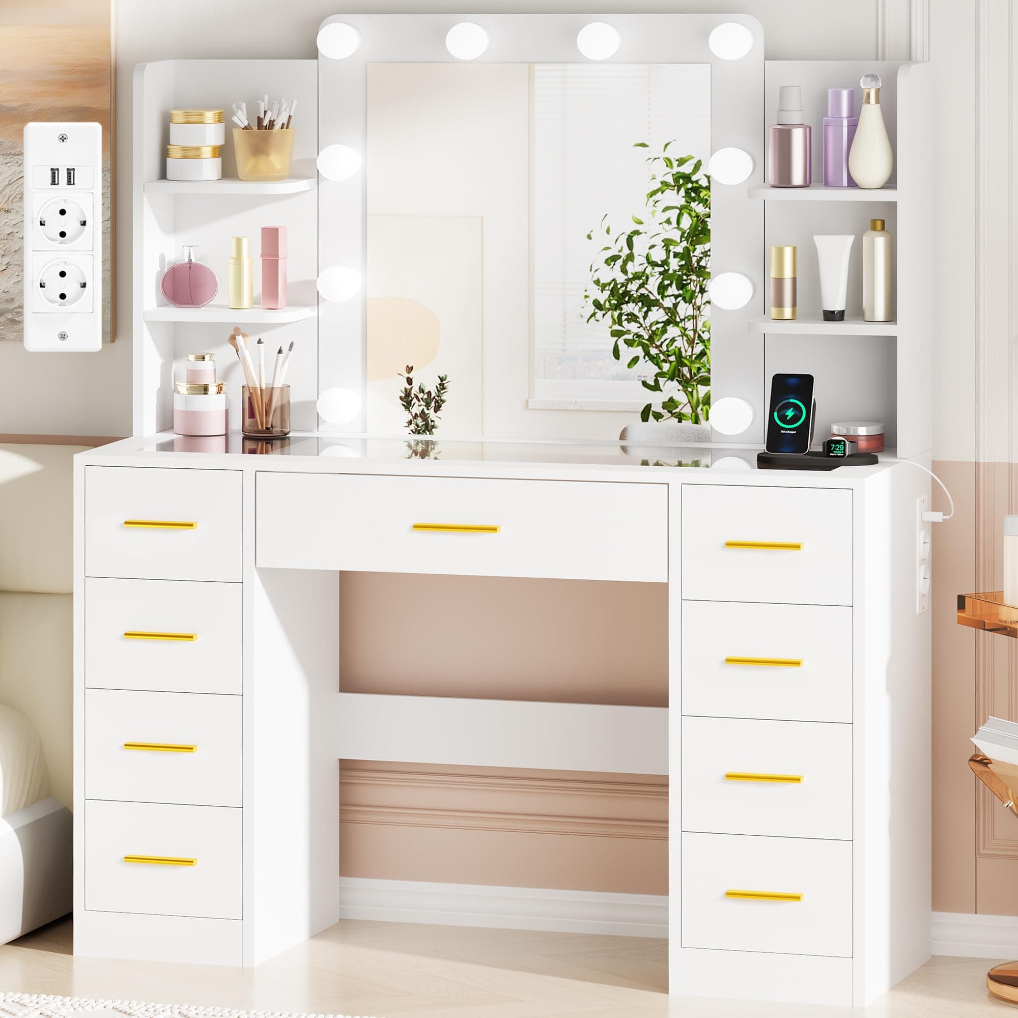 BEWISHOME Grande Tocador con Luces LED Regulables y enchufes, Mesa de Maquillaje con Espejo y Tapa de Vidrio,Tocador de Maquillaje con 9 cajones,4 estantes Abiertos Blanco EFST39W