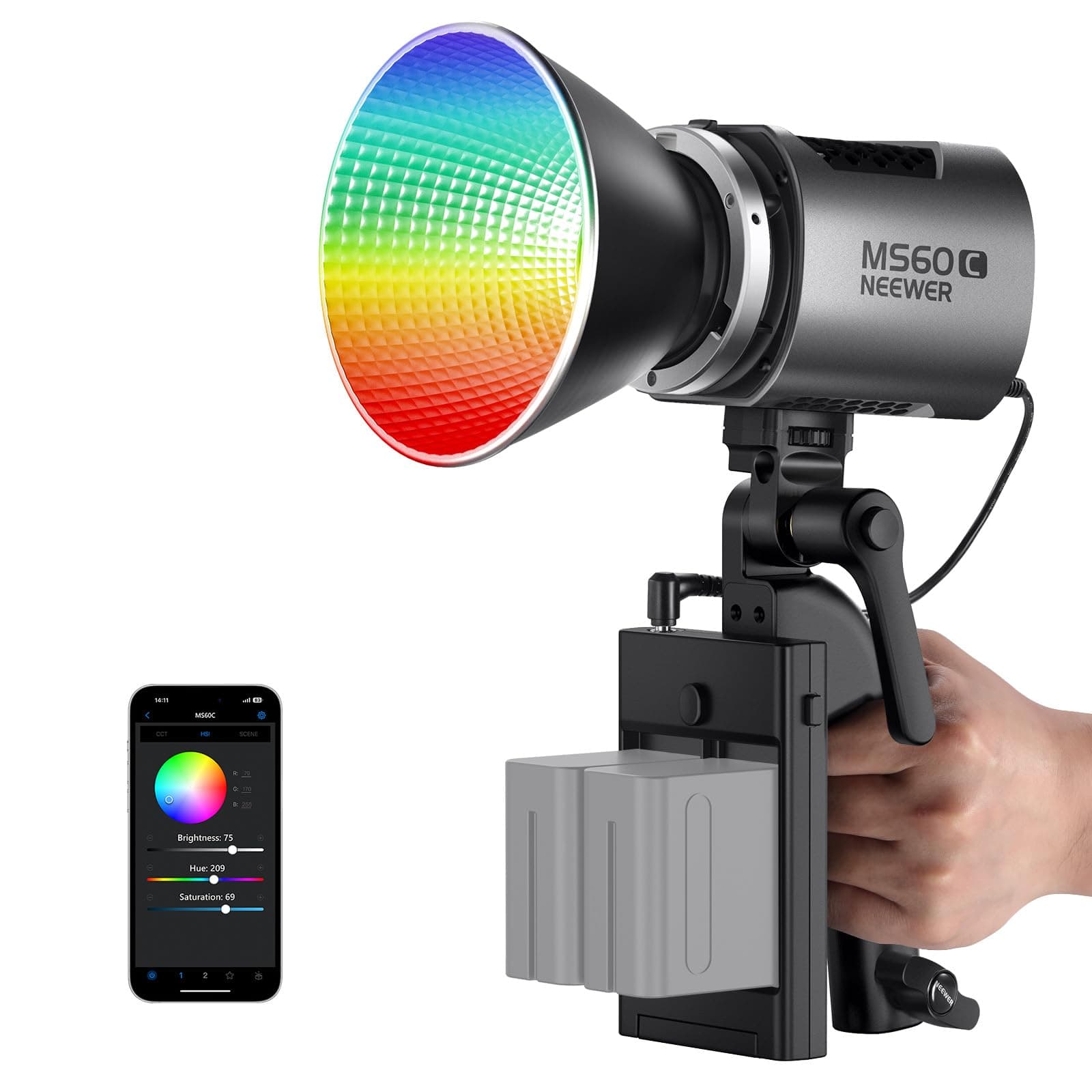 NEEWER MS60C 65W RGBWW Luz Video LED 2,4G/App Control Mini Compact Handheld RGB Iluminacion Video Continua COB Foco Lampara Bowens Mount 2700K-6500K/8300lux@1m/CRI 97+/TLCI 98+/17 Efectos + RGBCW
