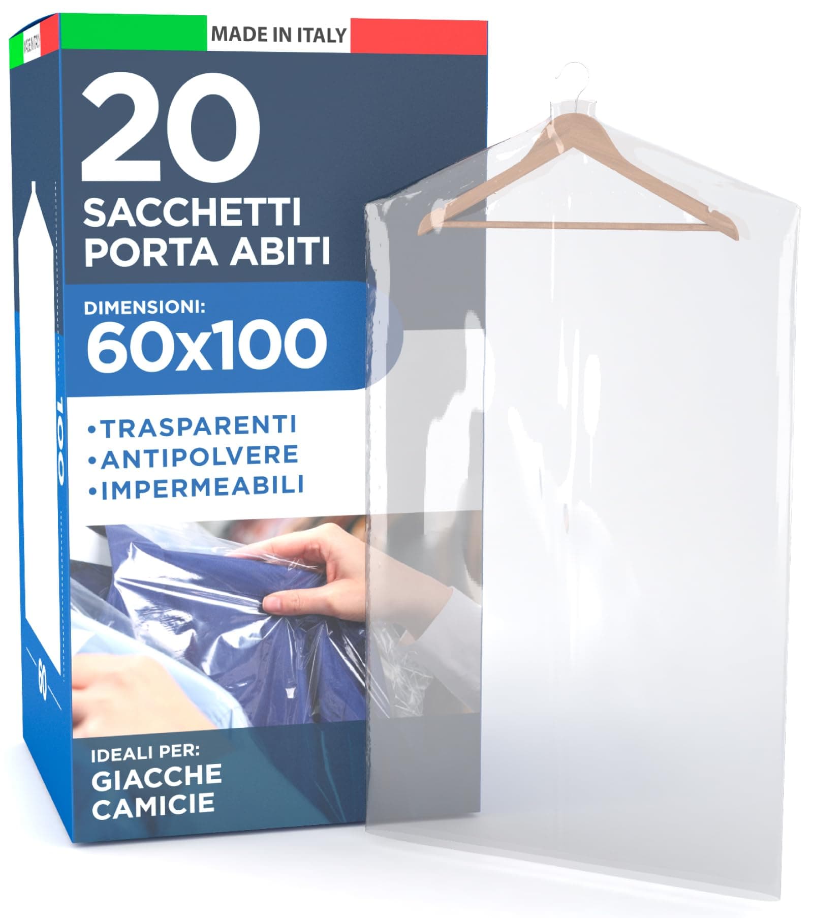 Sacchetto Porta Abiti 60x100cm Busta Copriabito da Guardaroba in Plastica Trasparente Impermeabile Protezione da Polvere per Giacche Camicie Vestiti e Pantaloni - 20 Sacchetti