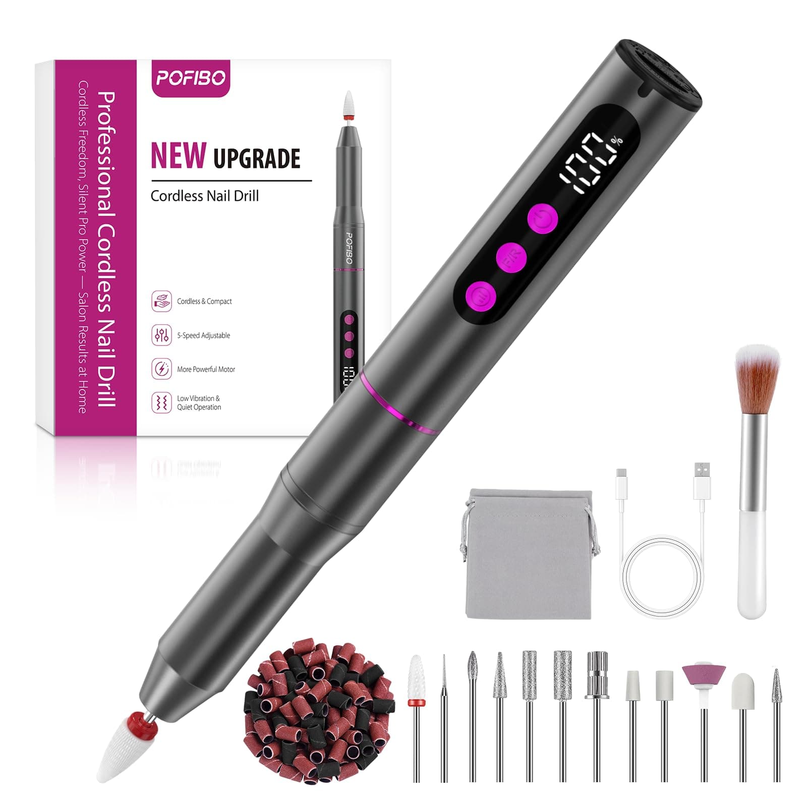 POFIBO Ponceuse pour Ongles Professionnel - 12 en 1 Lime a Ongle Electrique 35000RPM avec LCD écran Numérique, sans fil, 5 vitesses réglables - Kit de Manucure Pédicure Rechargeable Vitesse(Gris)