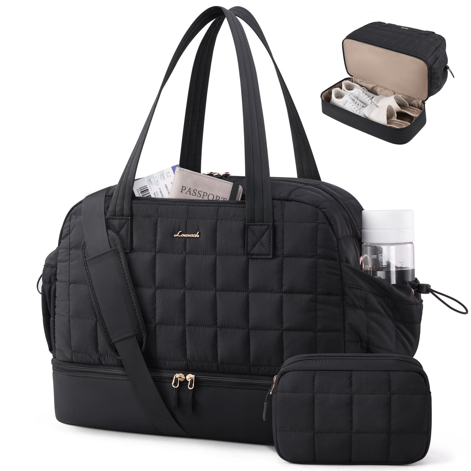 LOVEVOOK Reisetasche Damen Groß, 45L Puffer Weekender Travel Bag Kliniktasche Geburt, Wasserdicht Sporttasche Gym Bag mit Schuhfach & Nassfach, Handgepäck Tasche für Flugzeug Reise Urlaub, Schwarz