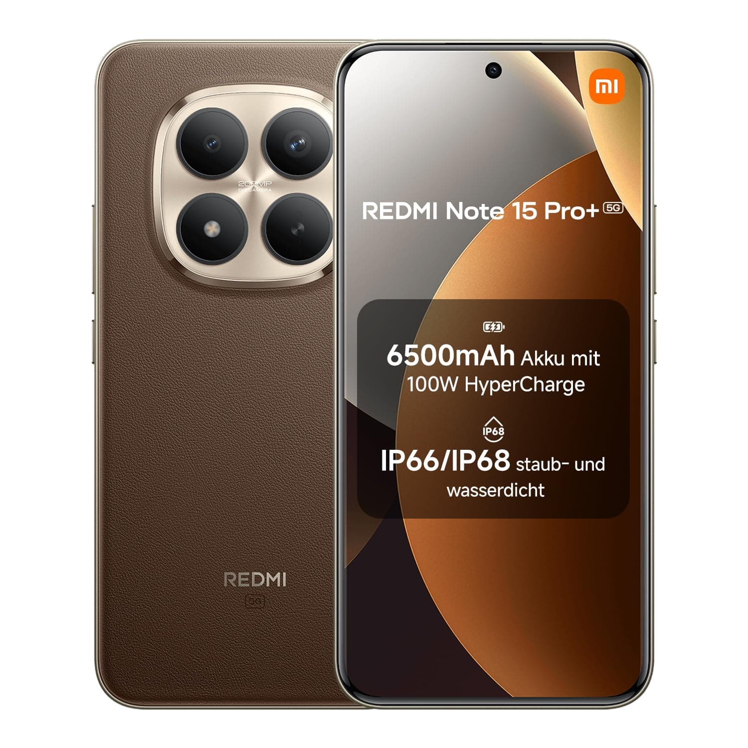 XIAOMI Redmi Note 15 Pro+ 5G Smartphone (12+512 GB) – 6500-mAh-Akku, IP66/IP68 Staub- und Wasserschutz, Neue 200-MP-Kamera, 6,83" AMOLED-Display, Mocha Brown, 2 Jahre Garantie