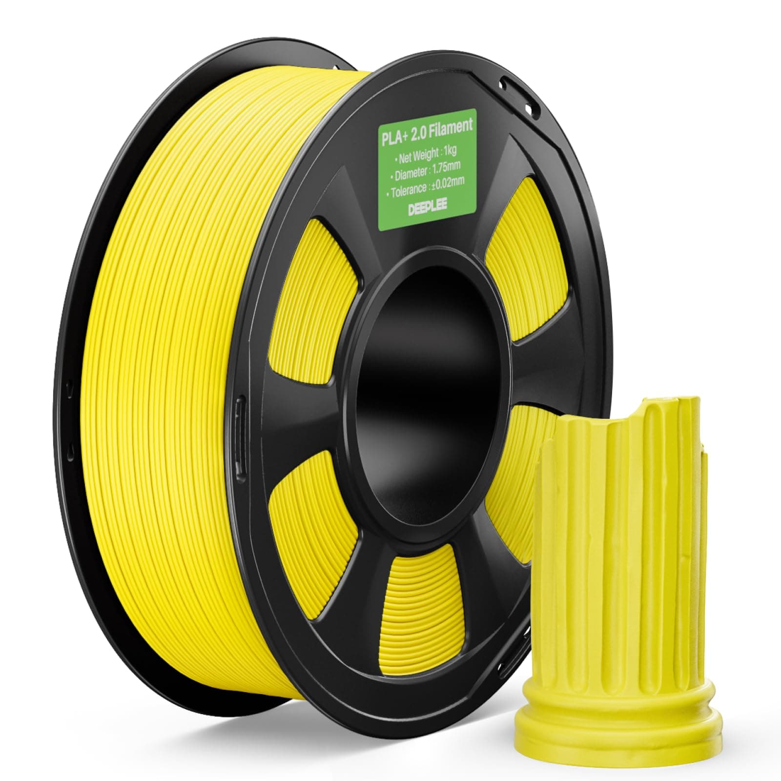 DEEPLEE PLA+ 2.0 1.75 mm, Bobina 1 kg Amarillo. Resistencia al Impacto y Baja Deformación. Excelente Adhesión entre Capas. Enrollado Perfecto Sin Atascos. Compatible con Impresoras FDM.