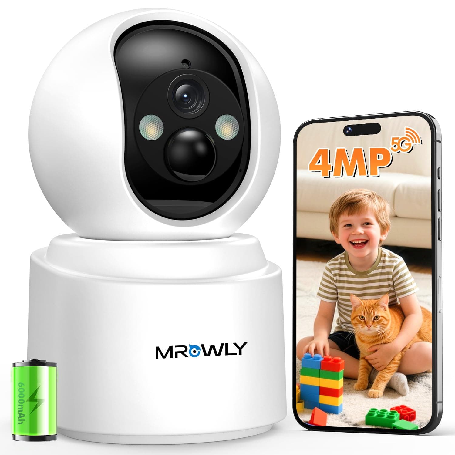 Mrowly 2.5K 4MP Camara Vigilancia WiFi Interior Sin Cable con Batería 6000mAh, 2.4/5GHz WiFi, 360° PTZ, Bebé/Animal/Seguridad para El Hogar, Detección PIR, Visión Nocturna Color, Conexión Bluetooth