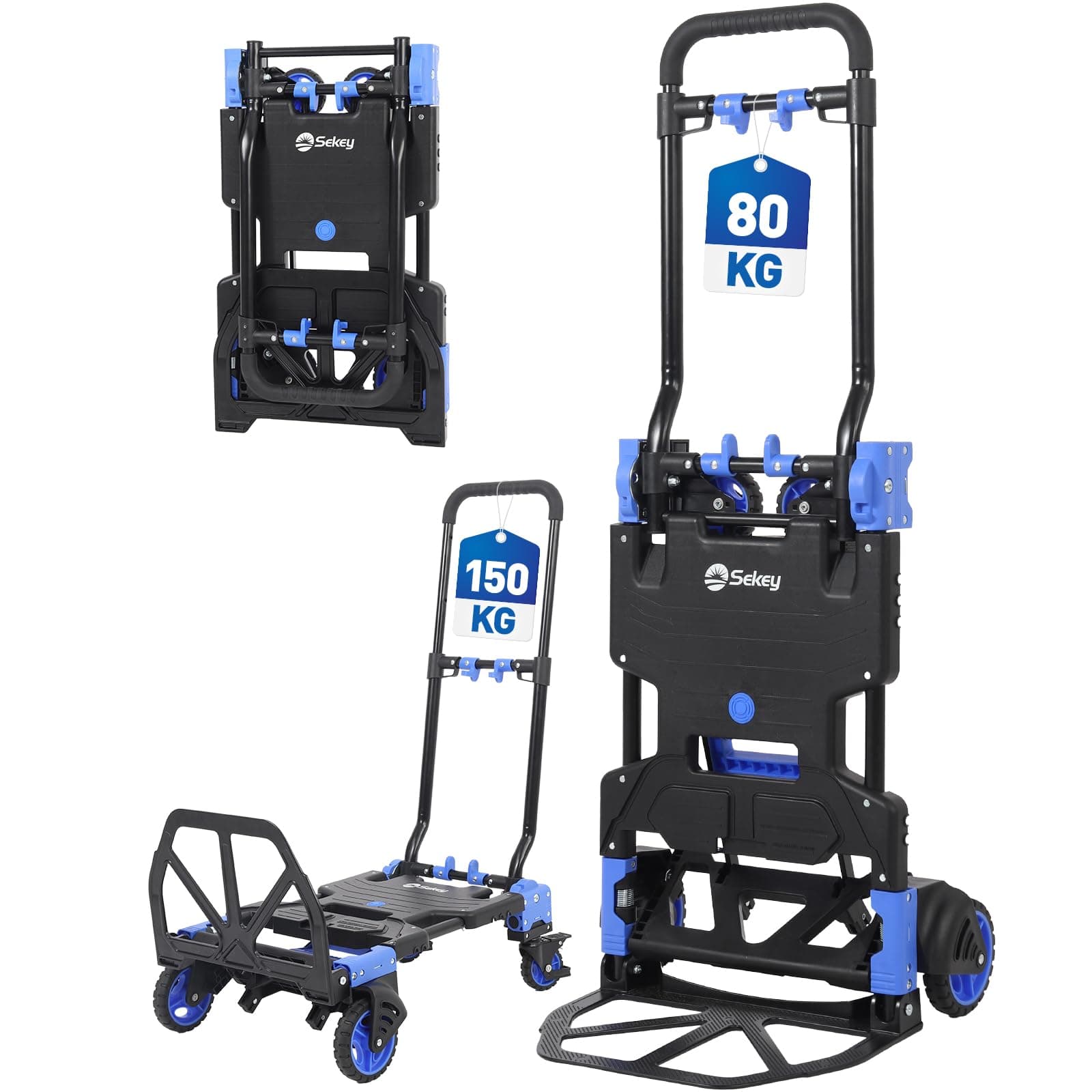 Sekey Sackkarre Klappbar & Klappbarer Transportwagen 2-in-1, Aluminium Plattformwagen belastbar bis 150 kg, Transportkarre mit TPR-Doppellagerräder, Bremse & Ergonomischem Griff, Blau-Schwarz