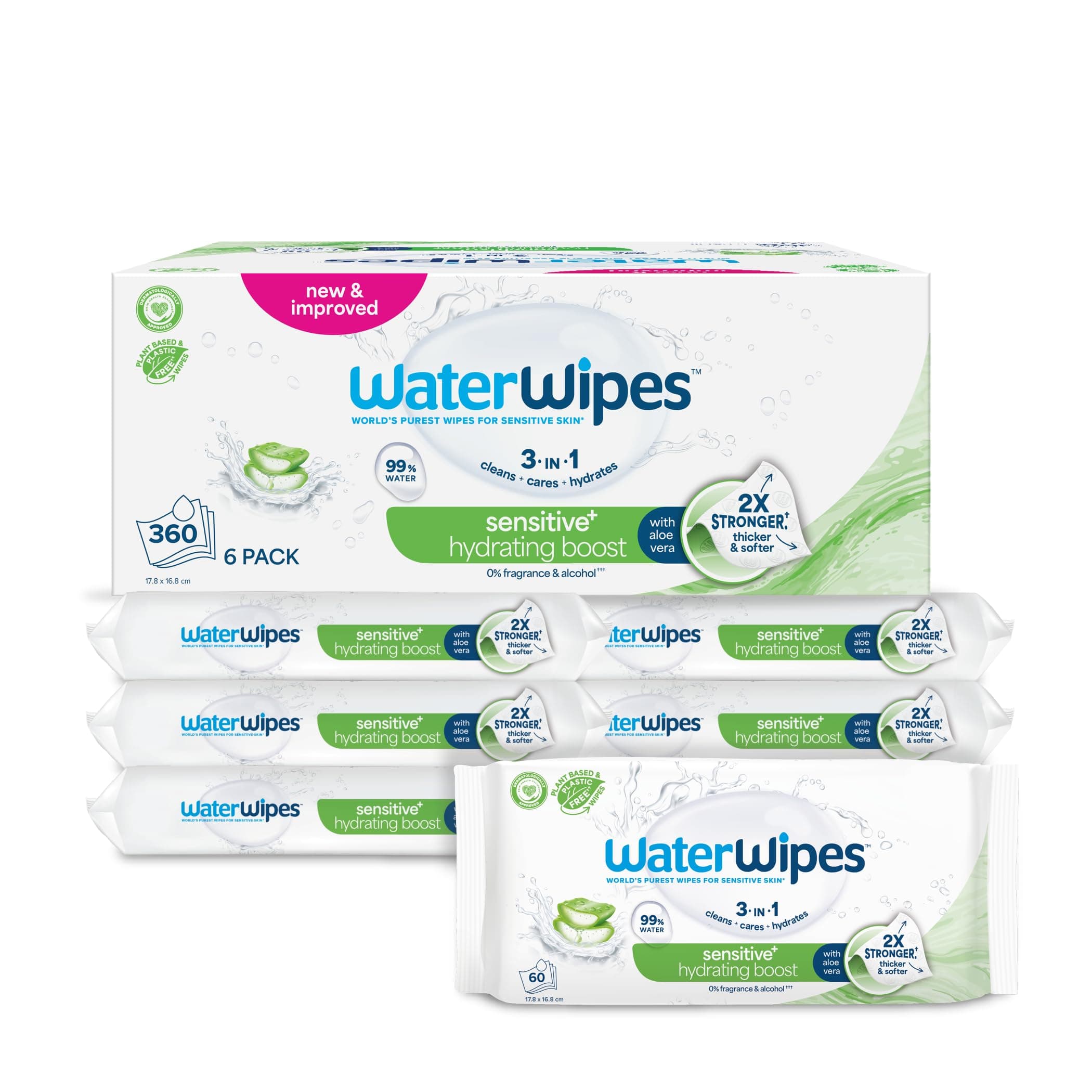 WaterWipes Sensitive+ Hydrating Boost Wipes, Toallitas Hidratantes, 360 unidades (paquete de 6), 3 en 1 Limpia, Cuida, Hidrata, 99% Agua con Aloe Vera, Toallitas sin perfume para bebés