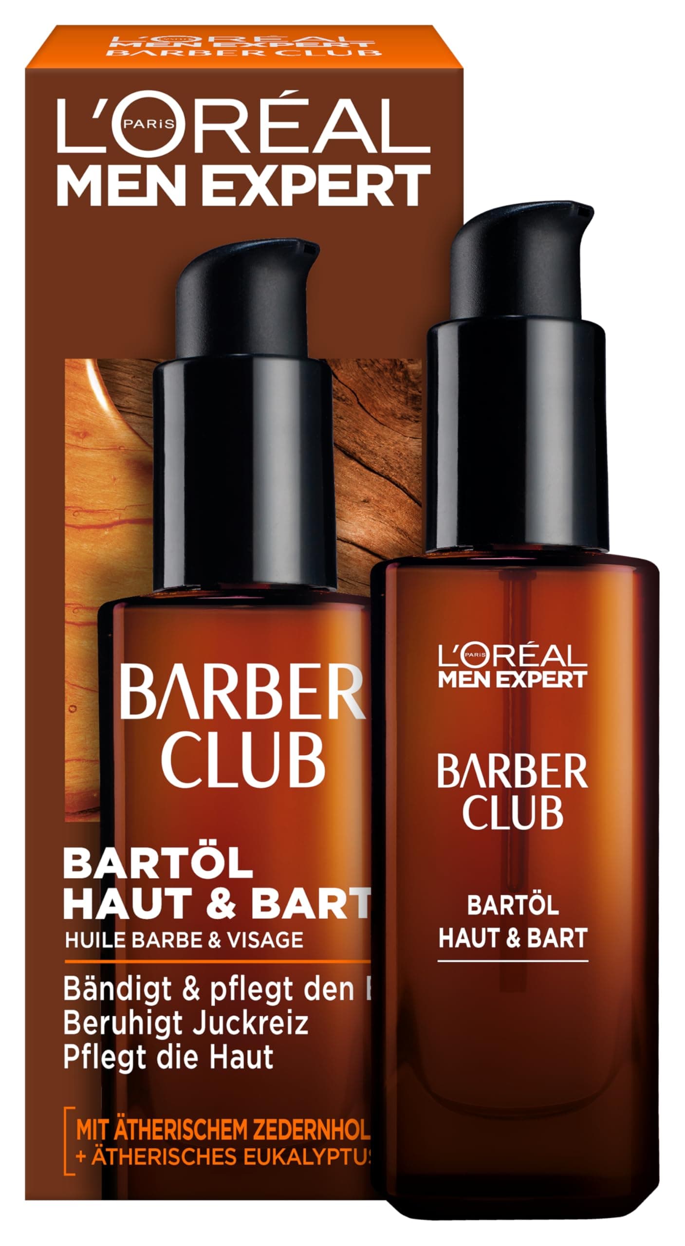 L'Oréal Men Expert Bartöl für Männer, Unterstützung beim gesunden Bartwachstum, Beruhigende Bartpflege für Herren mit holzigem Duft und ätherischem Zedernholzöl, Barber Club, 1 x 30 ml