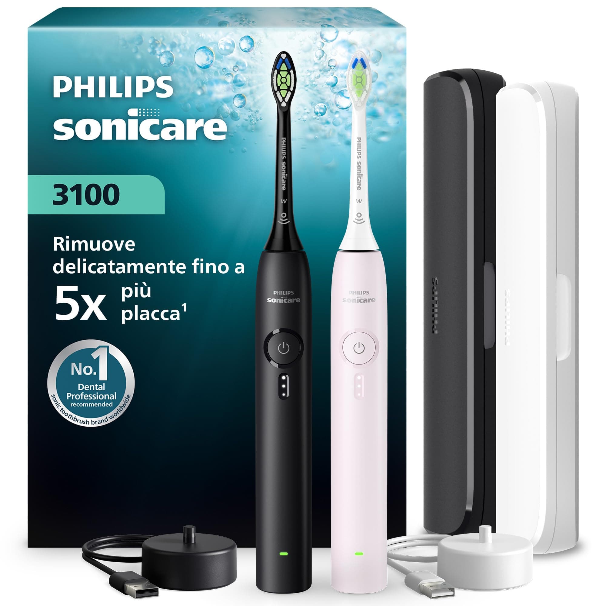 Philips Sonicare Serie 3100 - Spazzolino elettrico sonico, Sensore di pressione, 3 intensità, EasyStart, SmarTimer, autonomia 14 giorni, custodia, nero e rosa, confezione da 2, HX4072/42, [Nuovo]