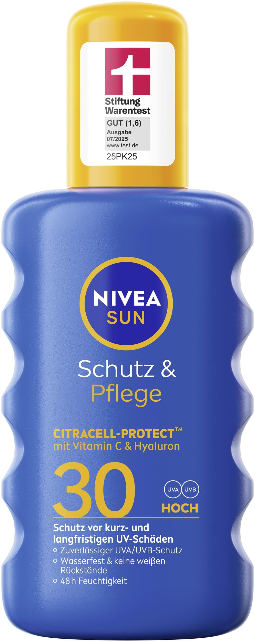 NIVEA SUN Schutz & Pflege Sonnenspray LSF 30, wasserfestes Sonnencreme Spray mit Vitamin C & Hyaluron, schnell einziehender Sonnenschutz für 48h Feuchtigkeit (200 ml)