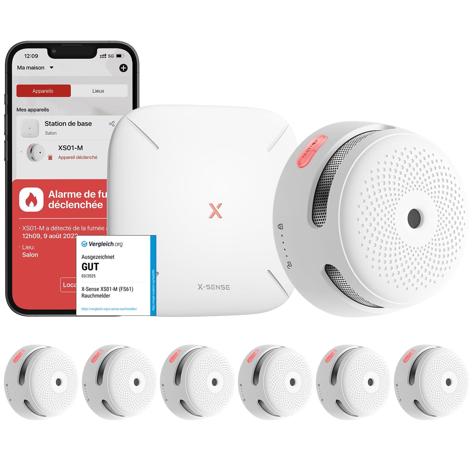 X-Sense Détecteur de Fumée Connecté, Kit de Sécurité pour la Maison avec SBS50 Station de Base, Conforme à la Norme EN14604, Compatible avec l'Appli X-Sense Home Security, FS61