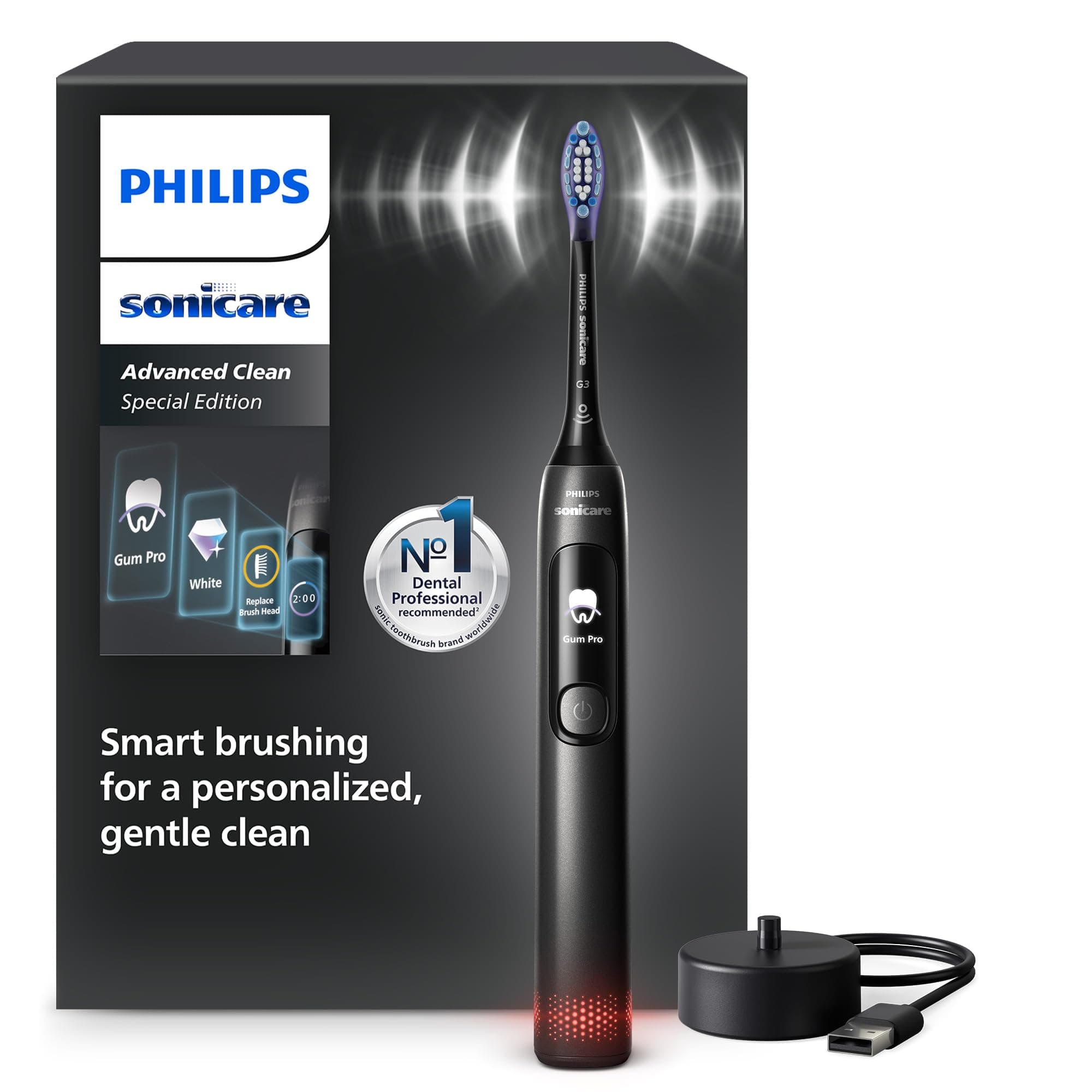 Philips Sonicare AdvancedClean Limited Edition, Spazzolino elettrico - schermo smart, sensore di pressione, promemoria sostituzione testina, 5 modalità di spazzolamento e SmarTimer, nero, HX3792/11