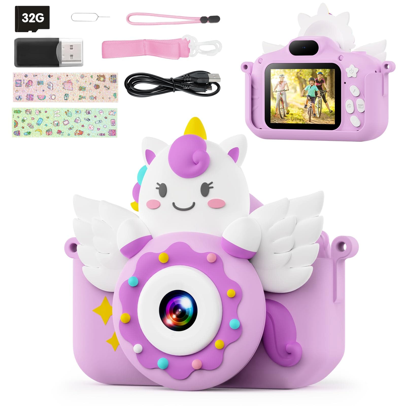 TIATUA Macchina Fotografica Bambini con 2.0 Pollici Schermo & 32G Card, Fotografica Bambini Video Camera,Fun Accessories Included,Gift for Girls Boy Age 3+