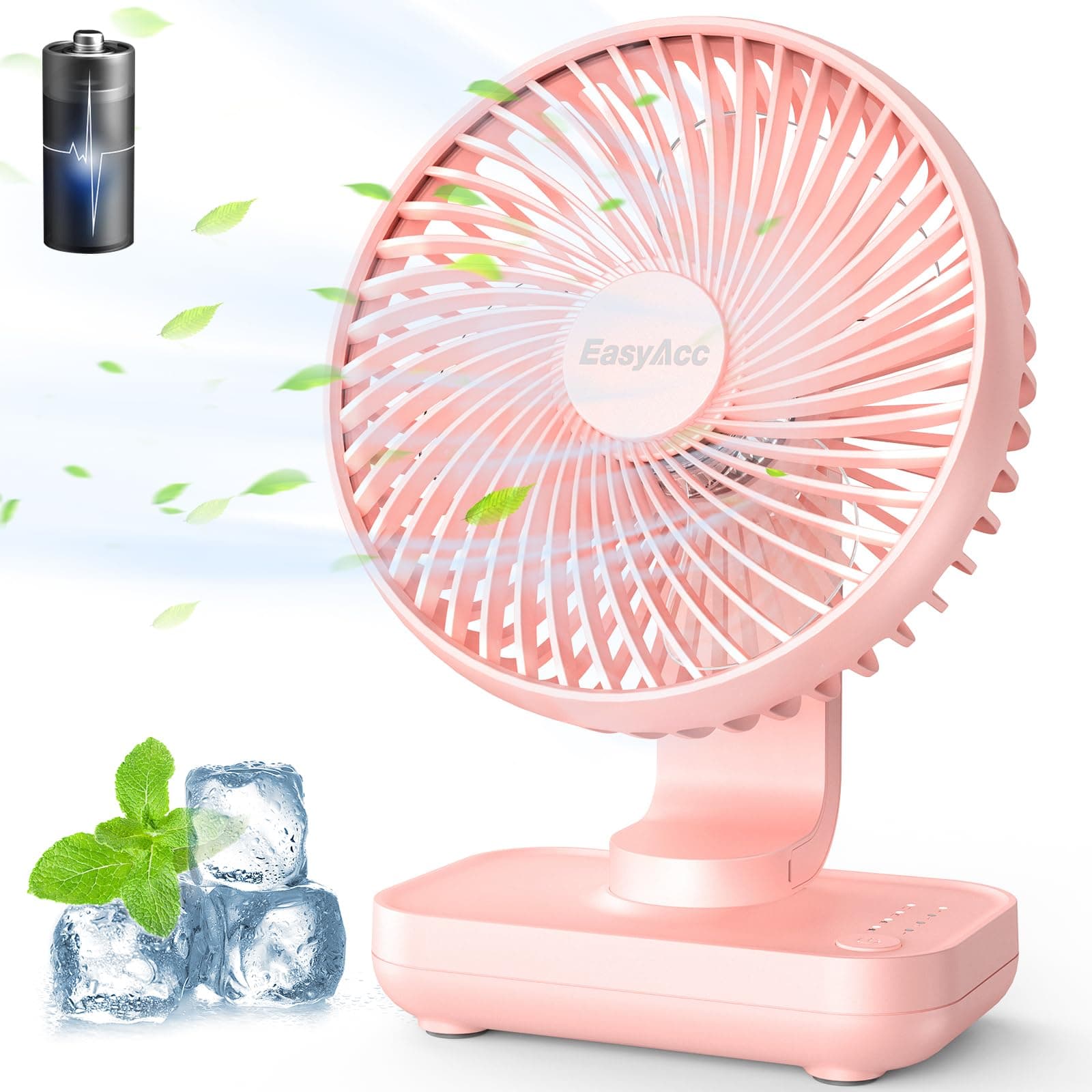 EasyAcc Ventilador de Mesa USB, Silencioso Recargable Ventiladores 4000mAh, Potente con 4 Velocidades, Mini Base Carga Rápida, Ventilador Portátil para Hogar, Oficina, Dormitorio, Exteriores, Rosa