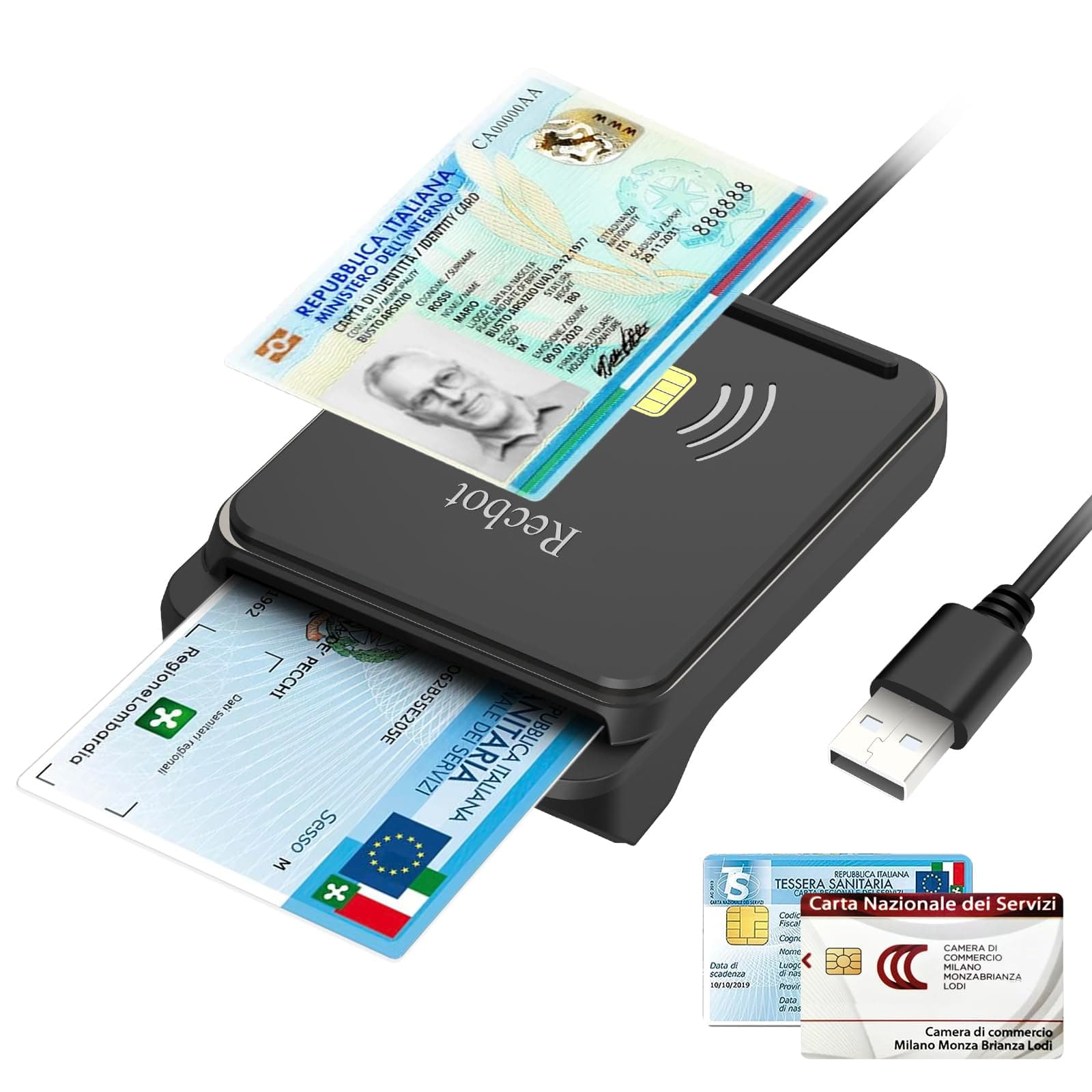 Recbot Lettore CIE 3.0 Carta d'Identità e Tessera Sanitaria for Windows | USB Lettore Smart Card Firma Digitale, Contact e Contactless, Compatibile con Windows/Mac, for CRS/CNS Card, Nero