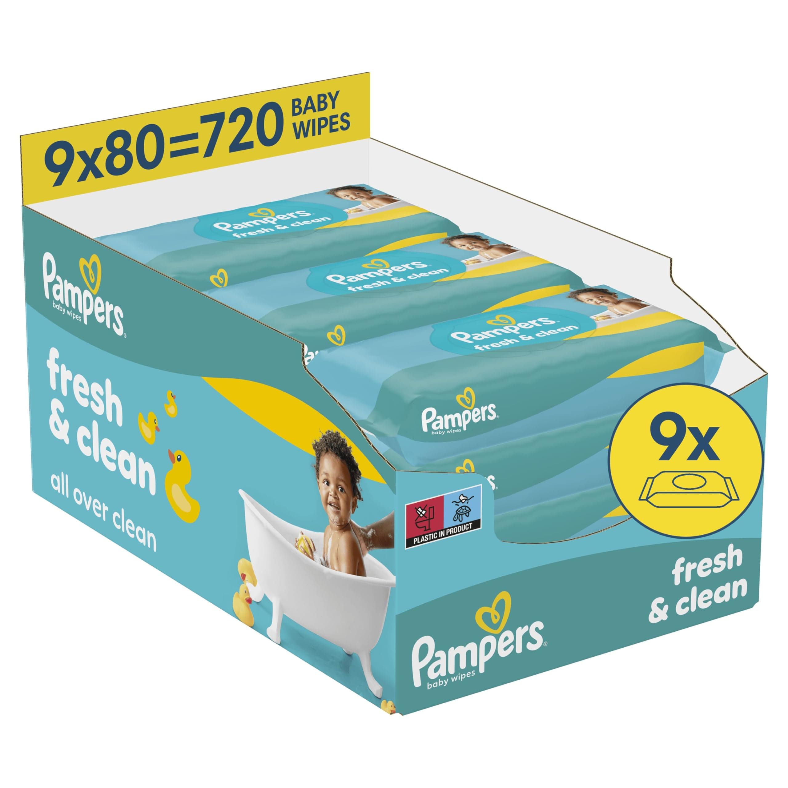 Lingettes Pampers Fresh Clean pour bébé, 9 paquets de 80 lingettes = 720 Lingettes pour bébé, Nettoyage complet
