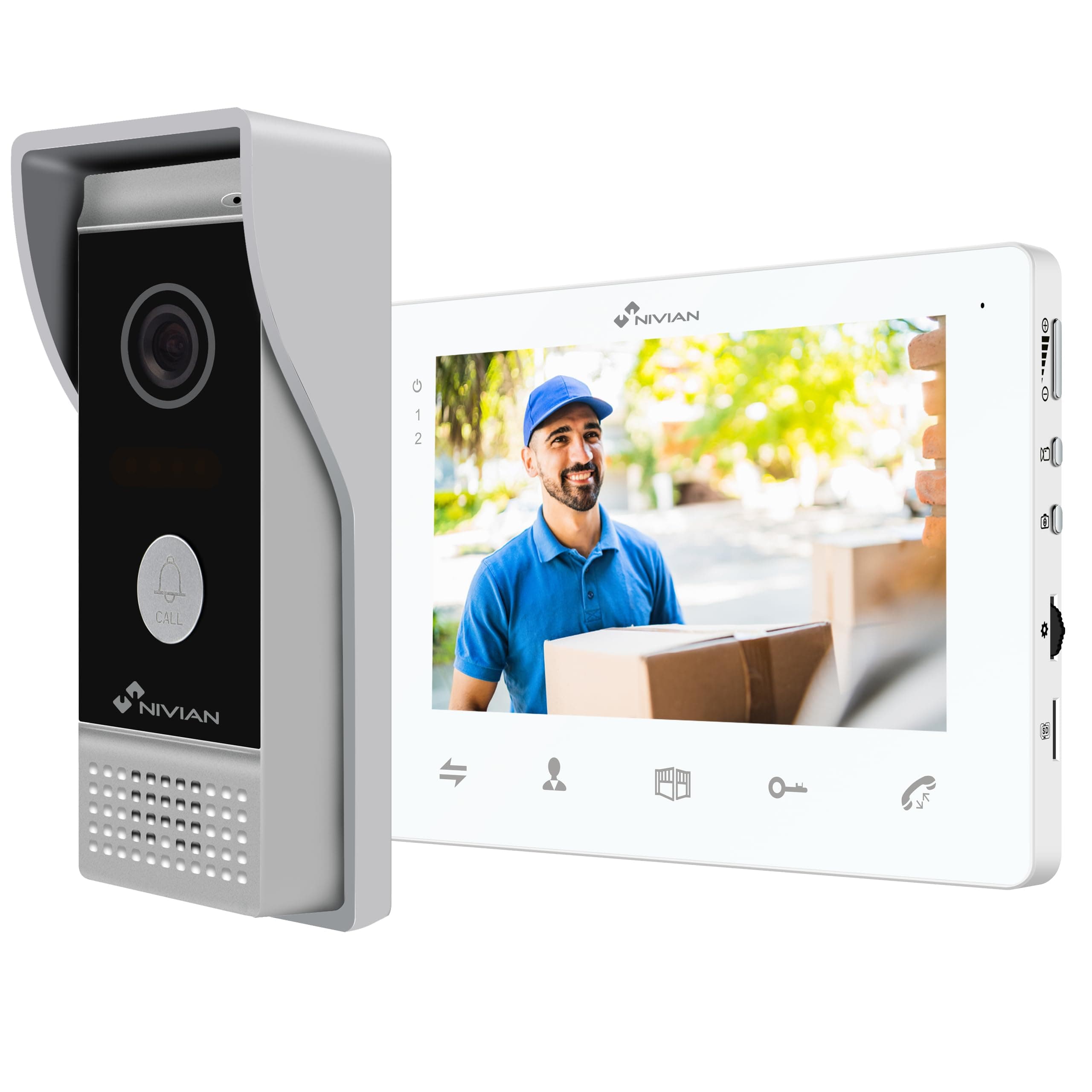 NIVIAN Videocitofono 2 Fili Analogico con Monitor 7" HQ Schermo Interno con Audio Bidirezionale | Piastra Esterna IP65 Antivandalica con Visione Notturna, Apriporte Elettrico. Smart Security