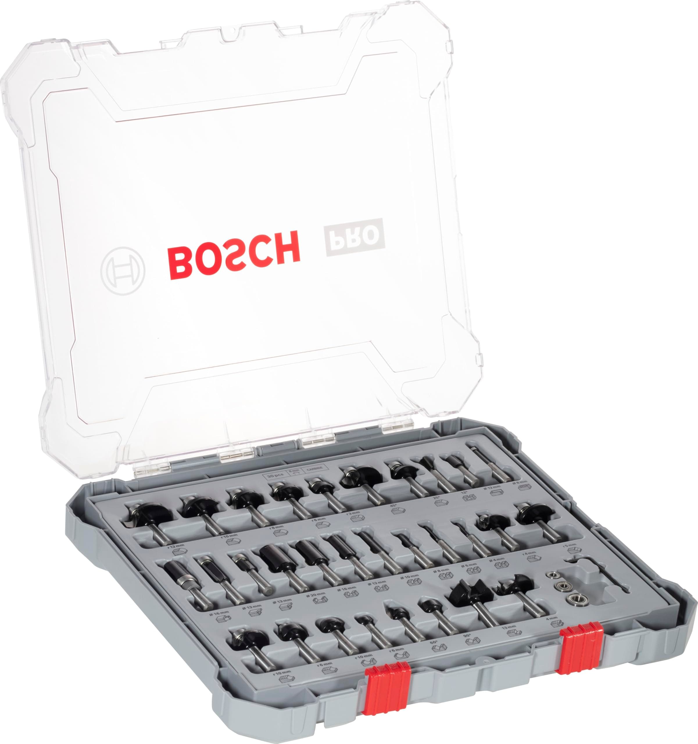 Bosch Professional 30 pièces Kit de Fraises Mixtes (pour bois, Ø 8 mm Queue, Accessoires de Fraises d'Encastrement)