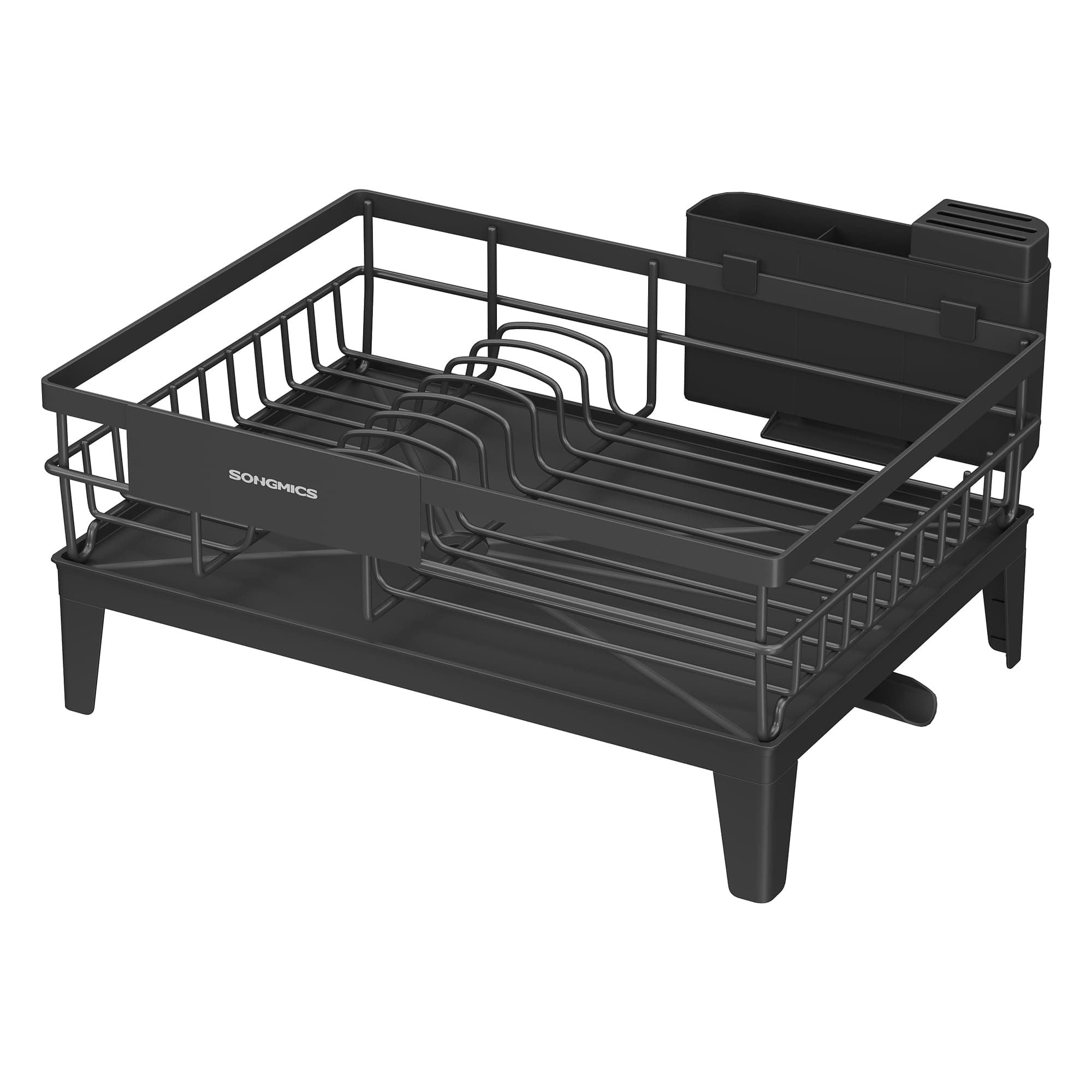 SONGMICS Abtropfgestell Geschirr, Geschirr-Abtropfständer, 360° drehbarer und ausziehbarer Ablauf, Abtropfschale, Besteckhalter, Küche, 31 x 42 x 18,5 cm, tintenschwarz KCS550B01