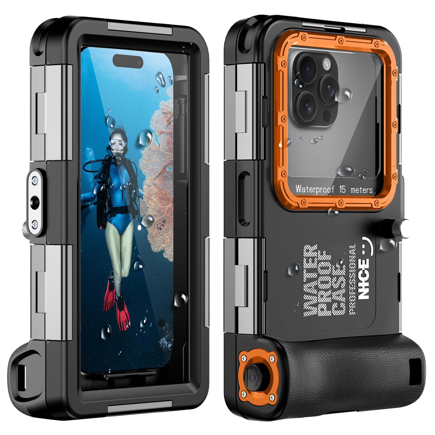 Boîtier de plongée sous-marin pour iPhone 17/16/15/14/13/12/11 Pro Max/XR/XS/X et plus - Protection professionnelle - 15 m - Pour la plongée avec tuba, le surf, les photos et les vidéos (noir/orange)