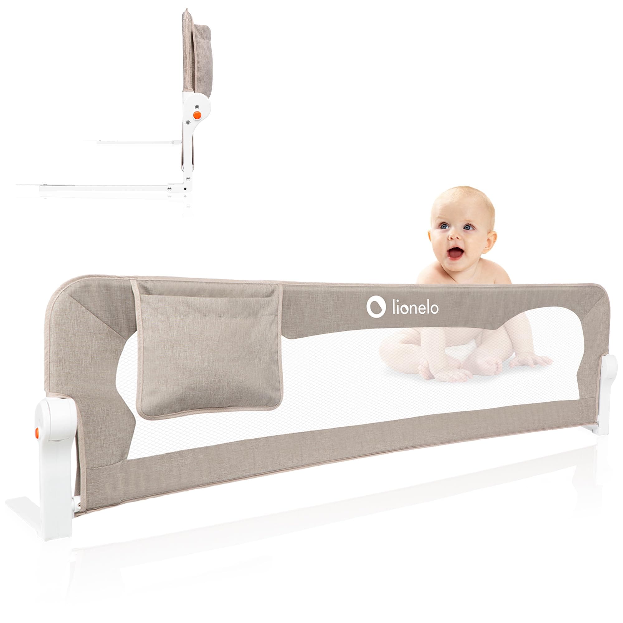 lionelo Eva barrière lit 150cm x 42cm, Pliage à 180 degrés Barriere de lit Anti-Chute, attachée avec des Ceintures de sécurité, Cadre en métal, Haute, Pliable, Stable et Durable (Beige)