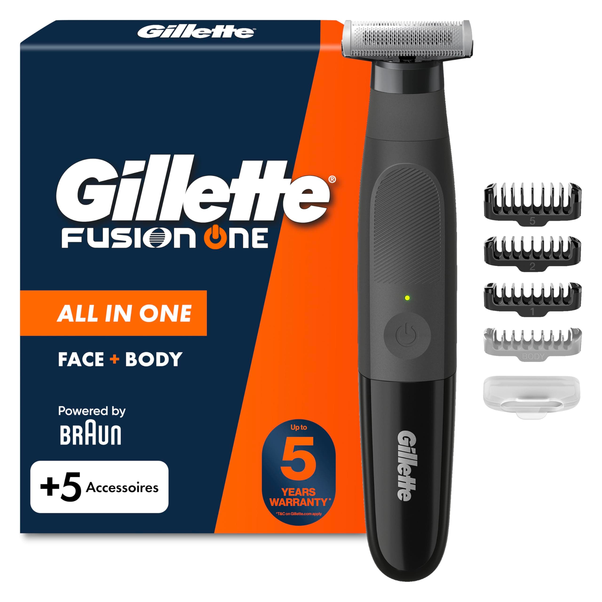 Gillette Fusion One Hybrid Rasierer Herren Elektrisch für Gesicht und Körper, Barttrimmer — Inkl. 3 Kammaufsätze und 1 Körperkamm — Wasserdichter Trimmer, 45-Min Akku, Powered von Braun — Schwarz