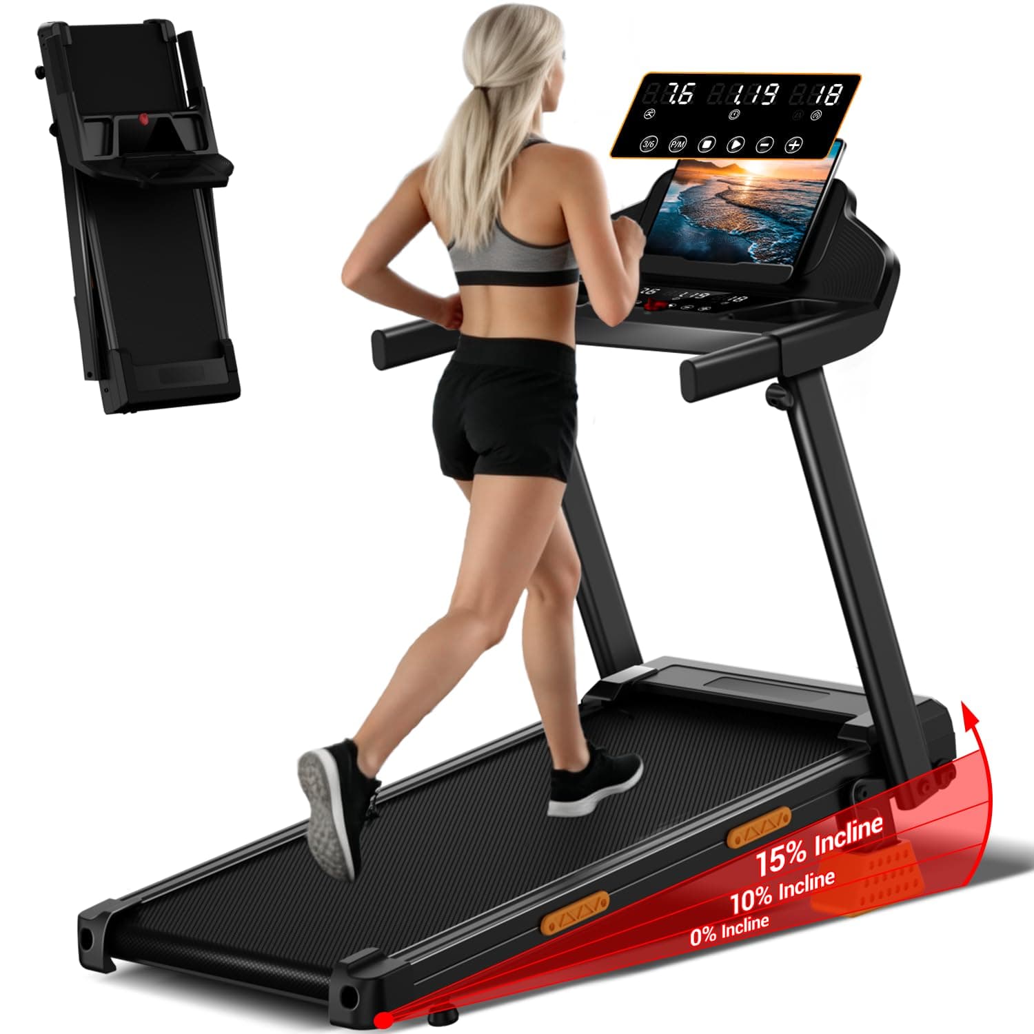 LONTEK Tapis Roulant Salvaspazio con Inclinazione 15%, Tapis Roulant Elettrico 12KM/H, Tapirulan Pieghevole da Casa con Motore da 3.0 HP e Display LED, Carico Massimo 136KG