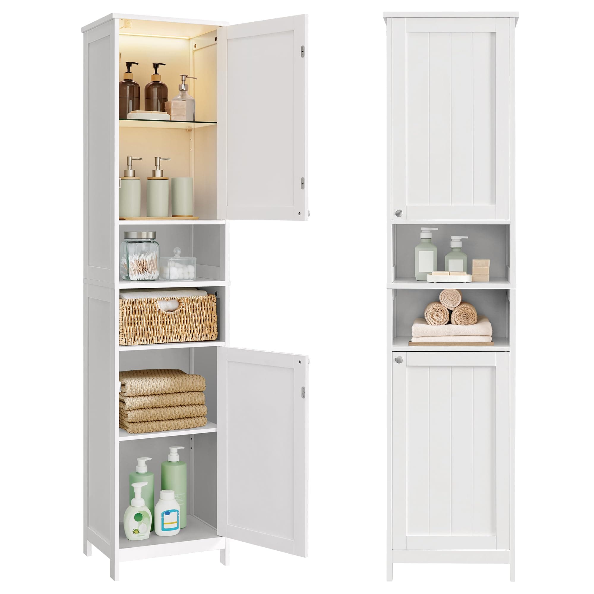 VASAGLE Armario de Baño Alto con Iluminación, Armario de Almacenaje Delgado, con Estantes Ajustables, Compartimentos Abiertos, Ancho 40 cm, para Espacios Pequeños, Moderno, Blanco Nube BBC766WH03