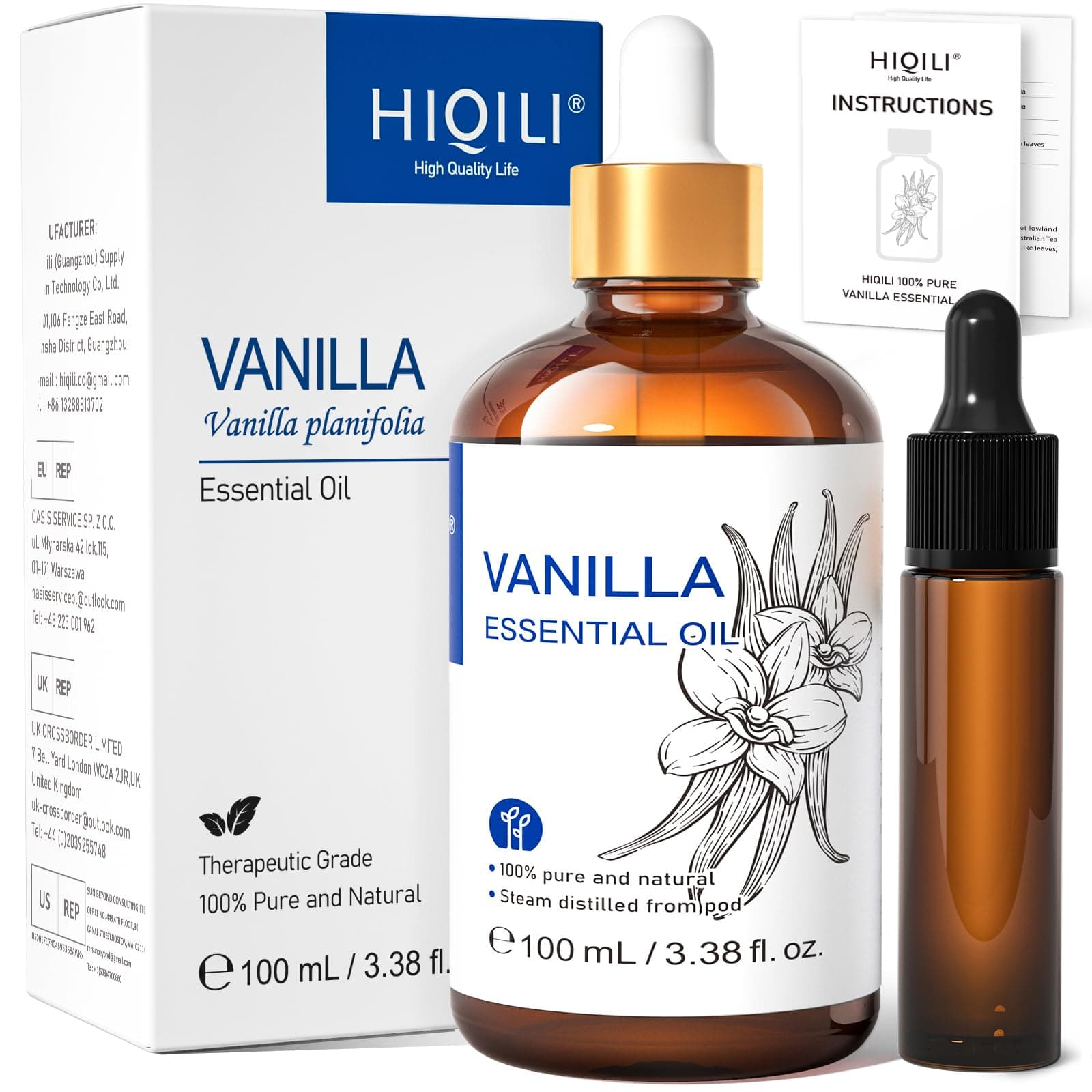 HIQILI 100ml Olio Essenziale di Vaniglia, Fragranza Forte per Lozioni per il Corpo, Produzione di Candele, Sapone, Aromaterapia